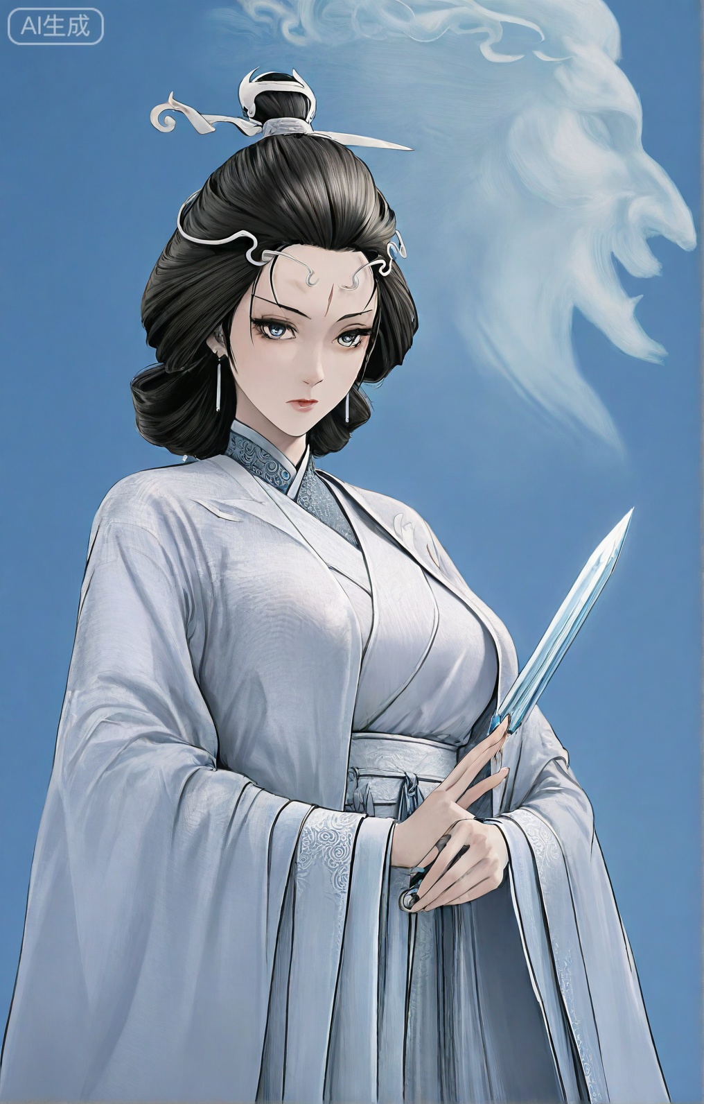 ((very awa)),(solo),highly detailed,(best quality),((masterpiece)),1girl,chi,,painting \(medium\),watercolor \(medium\),black hair,simple background,large breasts,lineart,flat color,ge,,,shuiyue,mature female,black hair,chinese clothes,hair ornament,jewelry,earrings,facial mark,