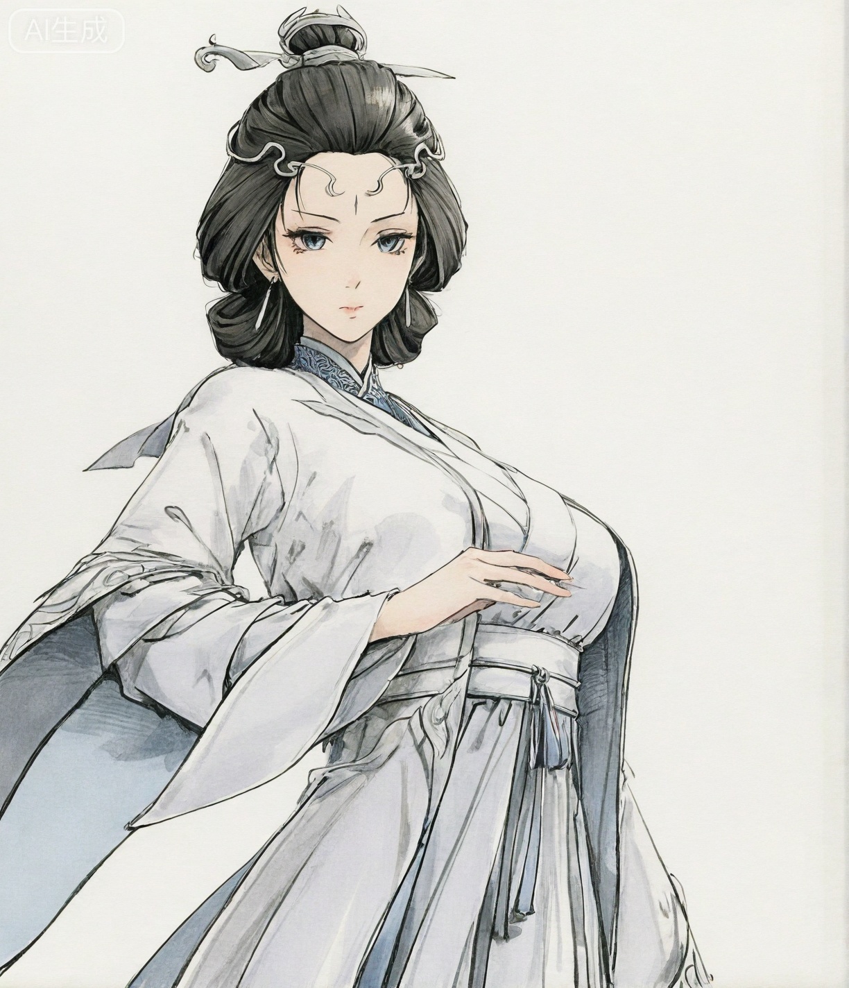 ((very awa)),(solo),highly detailed,(best quality),((masterpiece)),1girl,chi,,painting \(medium\),watercolor \(medium\),black hair,simple background,large breasts,lineart,flat color,ge,,,shuiyue,mature female,black hair,chinese clothes,hair ornament,jewelry,earrings,facial mark,