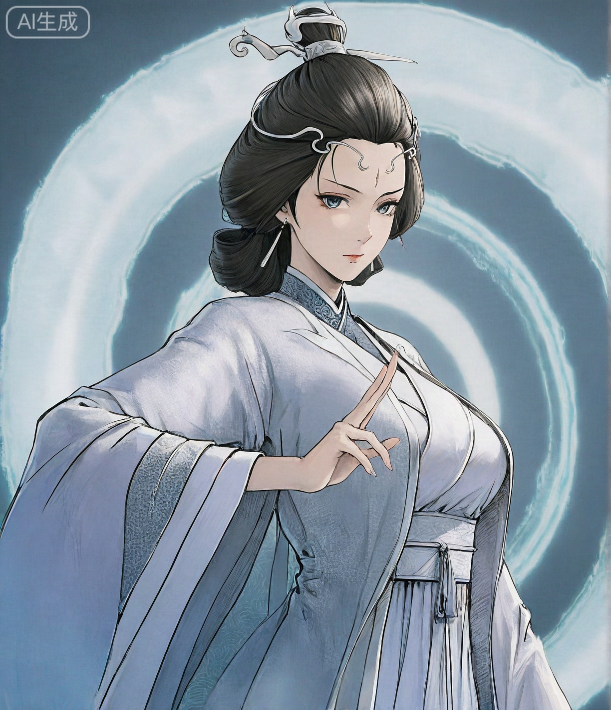 ((very awa)),(solo),highly detailed,(best quality),((masterpiece)),1girl,chi,,painting \(medium\),watercolor \(medium\),black hair,simple background,large breasts,lineart,flat color,ge,,,shuiyue,mature female,black hair,chinese clothes,hair ornament,jewelry,earrings,facial mark,