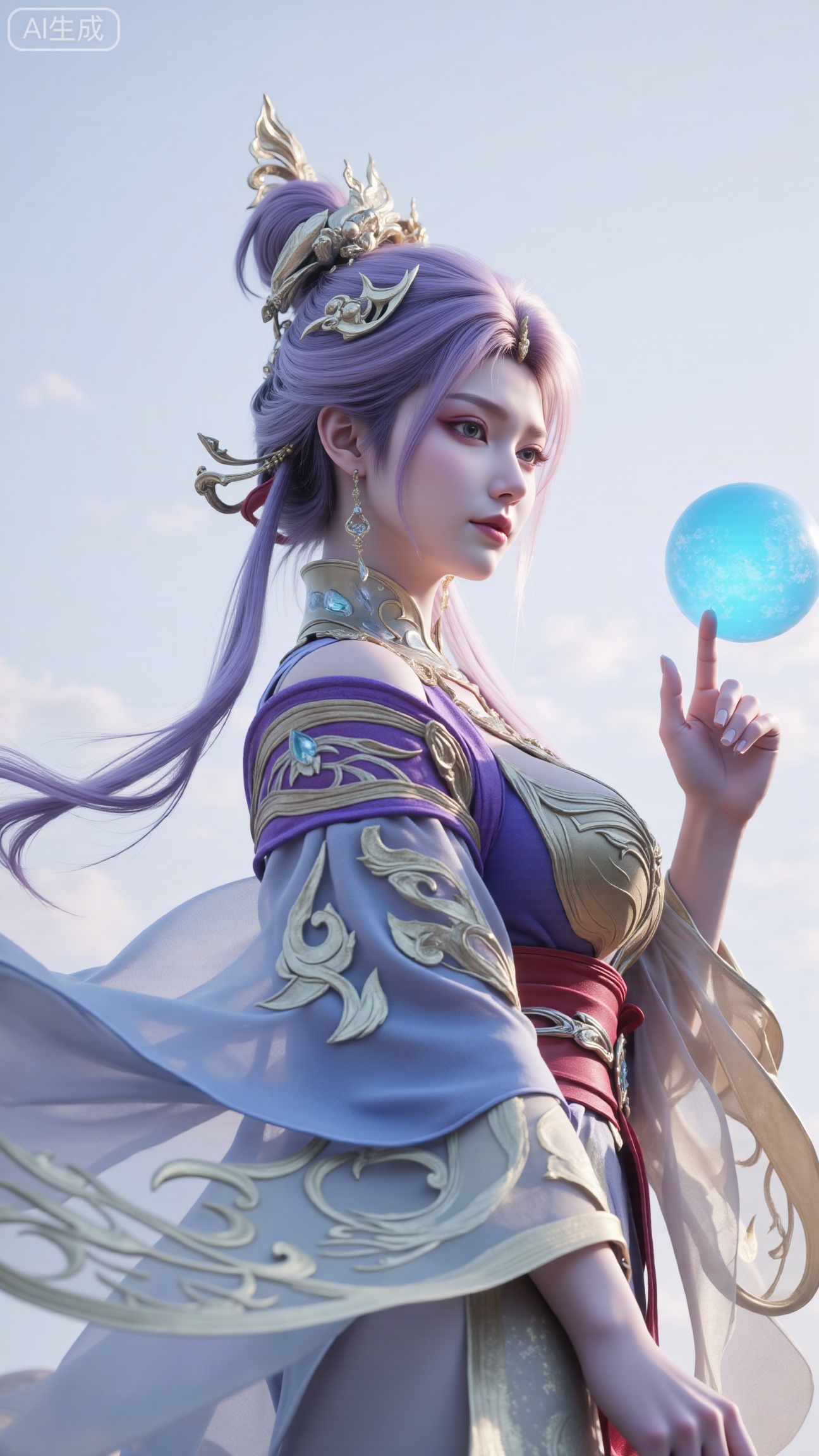 (masterpiece, best quality:1.2),,Eastern fantasy CG-style female with light purple hair, Hanfu with transparent sleeves, glowing blue orb in right hand, wind-blown hair and robe, swirling leaves, dramatic side lighting with strong contrast, layered fabric structure, pale blue cloud background, dynamic composition, 9:16 aspect ratio, CG illustration style, --no over-rendered details, no artificial glow, no symmetrical pose,,,(huge breasts:2.99),(full breasts:2.99),,XbaifengsongyuYH,Xbigbreasts,Xxiapeisongzhihanfu,Xnangongjin2,Xnangongjin,Xsongzhihanfuxiapei