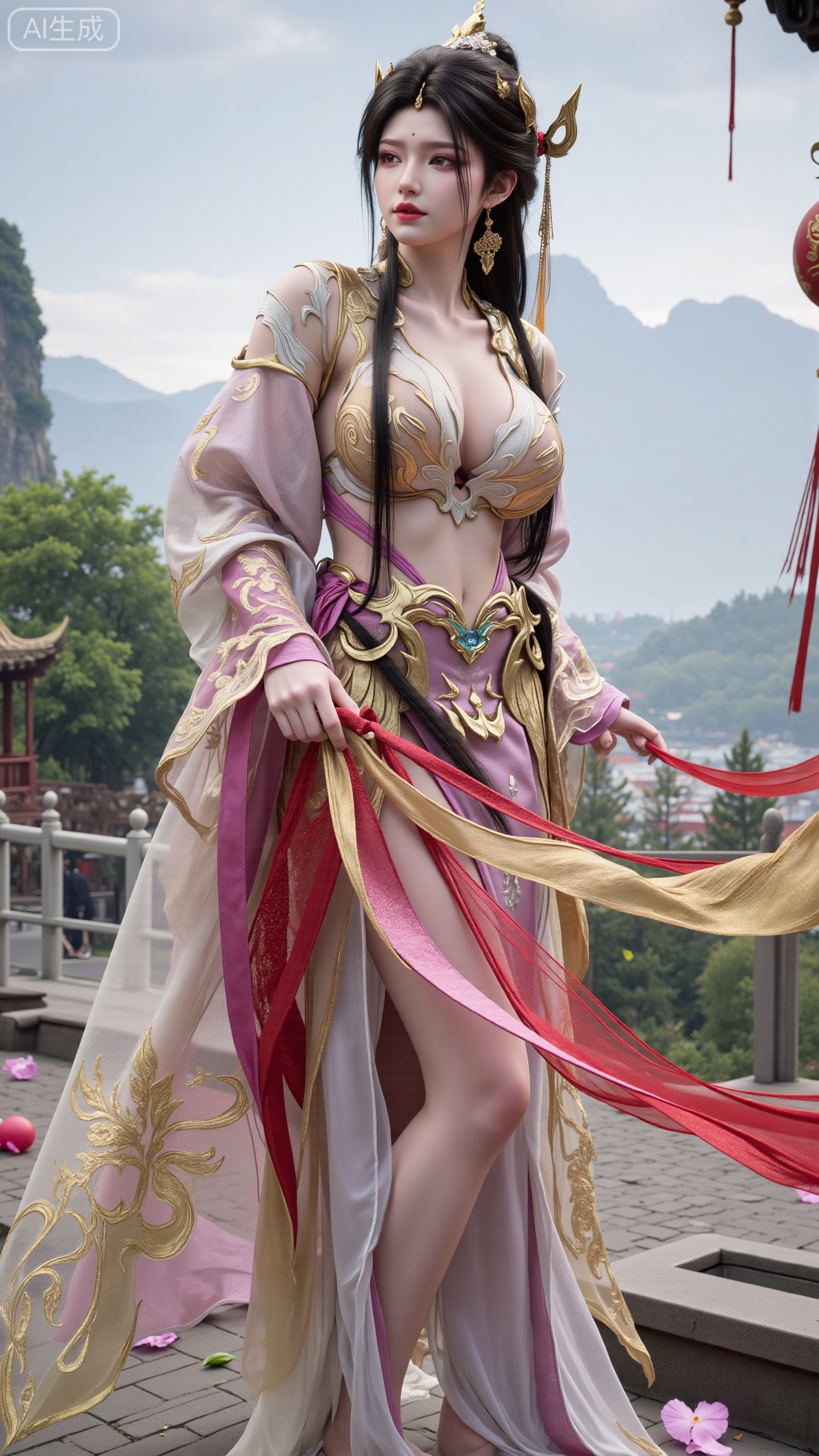 (masterpiece, best quality:1.2),1 girl, solo, long hair, black hair, hair accessories, clothing, cleavage cuts, long dress, jewelry, upper body, earrings. Background is outdoor, sky, clouds, water, trees, architecture, landscape, lantern, mountain, dragon, architecture, bridge, east Asian architecture, fog, pagoda,,(huge breasts:2.99),(full breasts:2.99),,Xbigbreasts,XbaifengsongyuYH,,Xxiapeisongzhihanfu,Xsongzhihanfuxiapei,Xnangongjin,Xnangongjin2