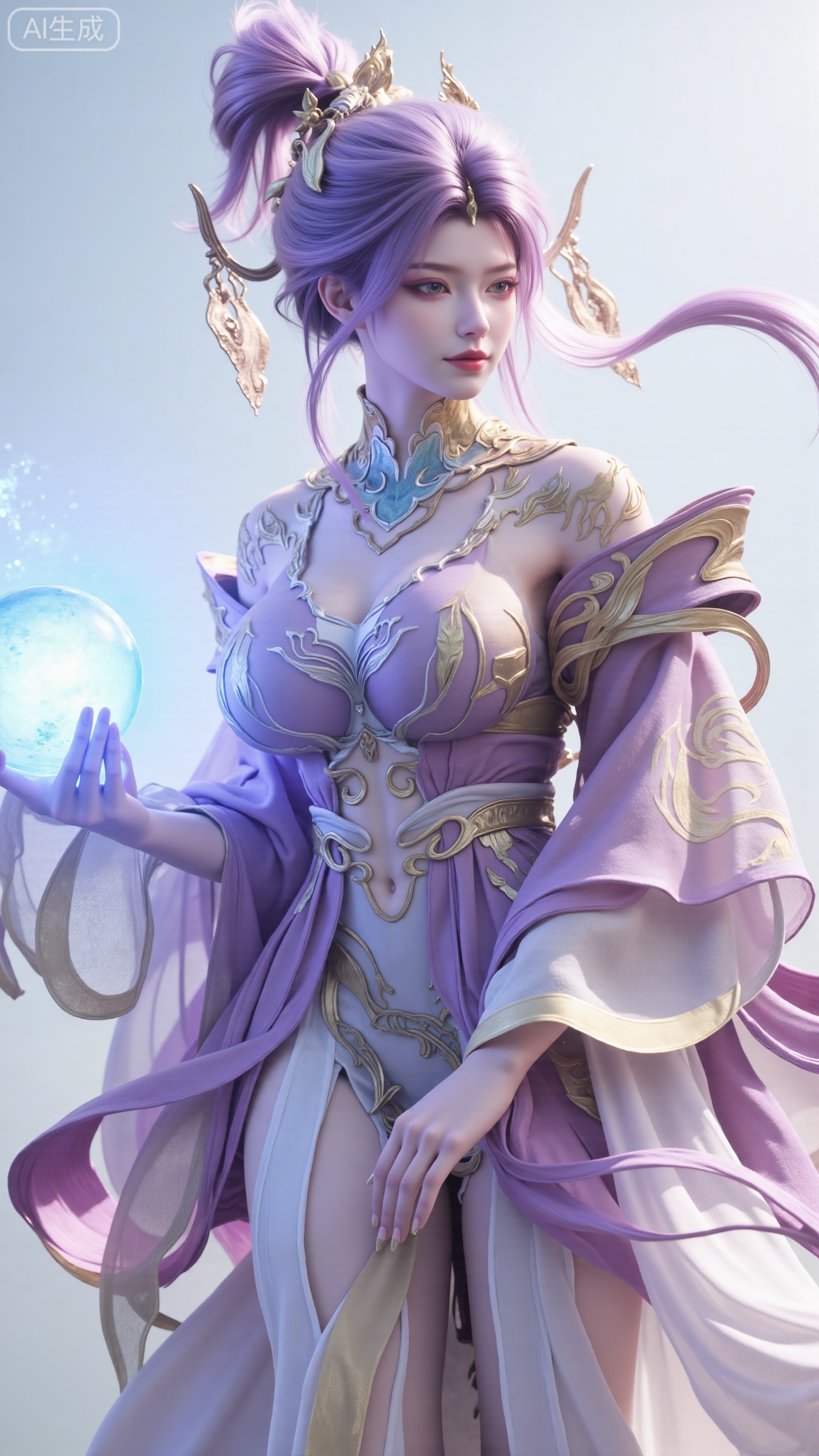 (masterpiece, best quality:1.2),,Eastern fantasy CG-style female with light purple hair, Hanfu with transparent sleeves, glowing blue orb in right hand, wind-blown hair and robe, swirling leaves, dramatic side lighting with strong contrast, layered fabric structure, pale blue cloud background, dynamic composition, 9:16 aspect ratio, CG illustration style, --no over-rendered details, no artificial glow, no symmetrical pose,(huge breasts:2.99),(full breasts:2.99),,Xbigbreasts,XbaifengsongyuYH,,Xxiapeisongzhihanfu,Xsongzhihanfuxiapei,Xnangongjin,Xnangongjin2