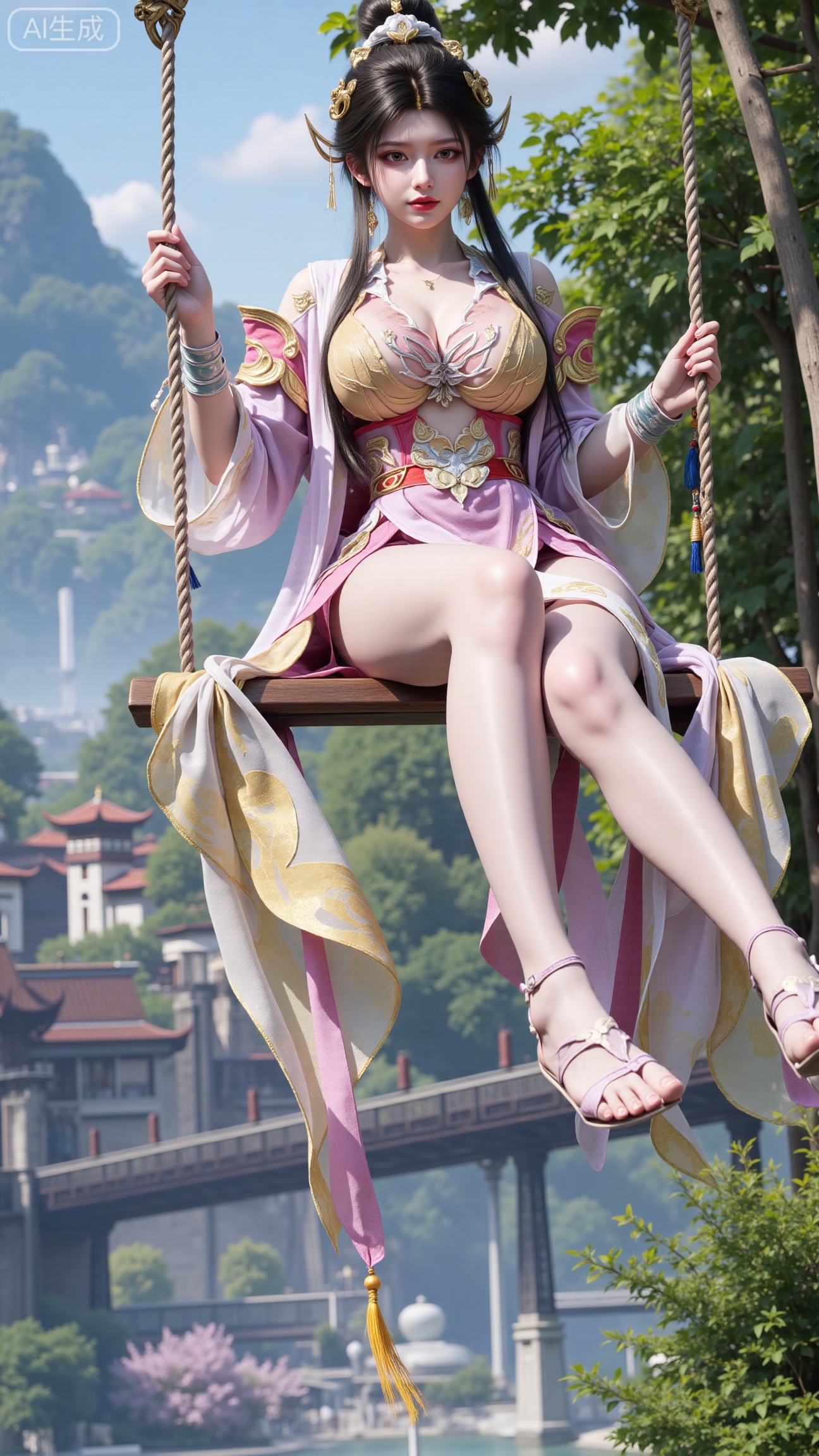 (masterpiece, top quality, best quality, official art, beautiful and aesthetic:1.2),Dynamic posture,(Sitting on the swing:1.39),natural skin texture,(Milky skin:1.2),1gir,solo,Dress, (Long legs, perfect proportions:1.2),(Sakura, butterfly:1.29),(huge breasts:2.99),(full breasts:2.99),castle, waterfall, mountains in the distance,,Xbigbreasts,XbaifengsongyuYH,,Xxiapeisongzhihanfu,Xsongzhihanfuxiapei,Xnangongjin,Xnangongjin2