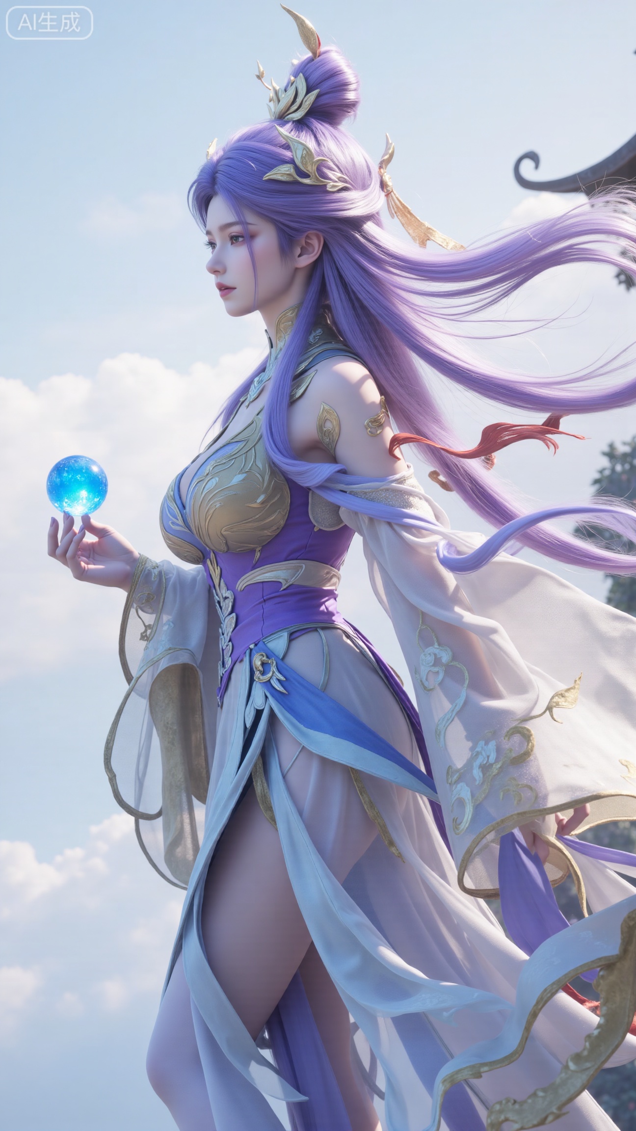 (masterpiece, best quality:1.2),,Eastern fantasy CG-style female with light purple hair, Hanfu with transparent sleeves, glowing blue orb in right hand, wind-blown hair and robe, swirling leaves, dramatic side lighting with strong contrast, layered fabric structure, pale blue cloud background, dynamic composition, 9:16 aspect ratio, CG illustration style, --no over-rendered details, no artificial glow, no symmetrical pose,(huge breasts:2.99),(full breasts:2.99),,Xbigbreasts,XbaifengsongyuYH,,Xxiapeisongzhihanfu,Xsongzhihanfuxiapei,Xnangongjin,Xnangongjin2