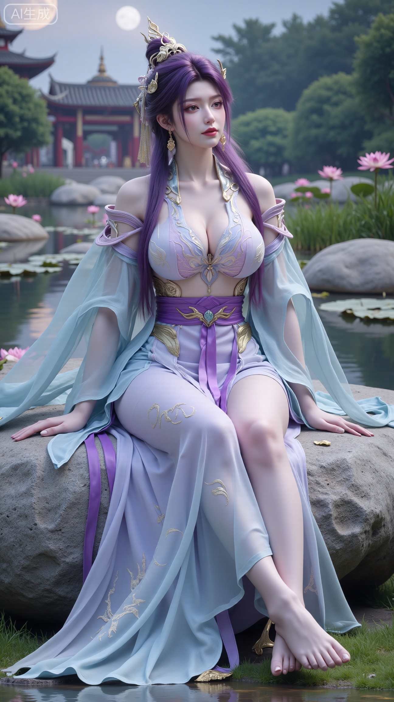 Best quality, Realistic, a woman with long, wavy purple hair is seated on a large gray rock. She is dressed in a light blue dress with a purple belt around her waist. Her dress is adorned with a flower in her hair, adding a touch of beauty to the scene. In the background, a pagoda-like structure stands out against a backdrop of trees and a moon.,(big breasts:2.89),(Lotus, lotus pond:1.69),,Xbigbreasts,XbaifengsongyuYH,,Xxiapeisongzhihanfu,Xsongzhihanfuxiapei,Xnangongjin,Xnangongjin2