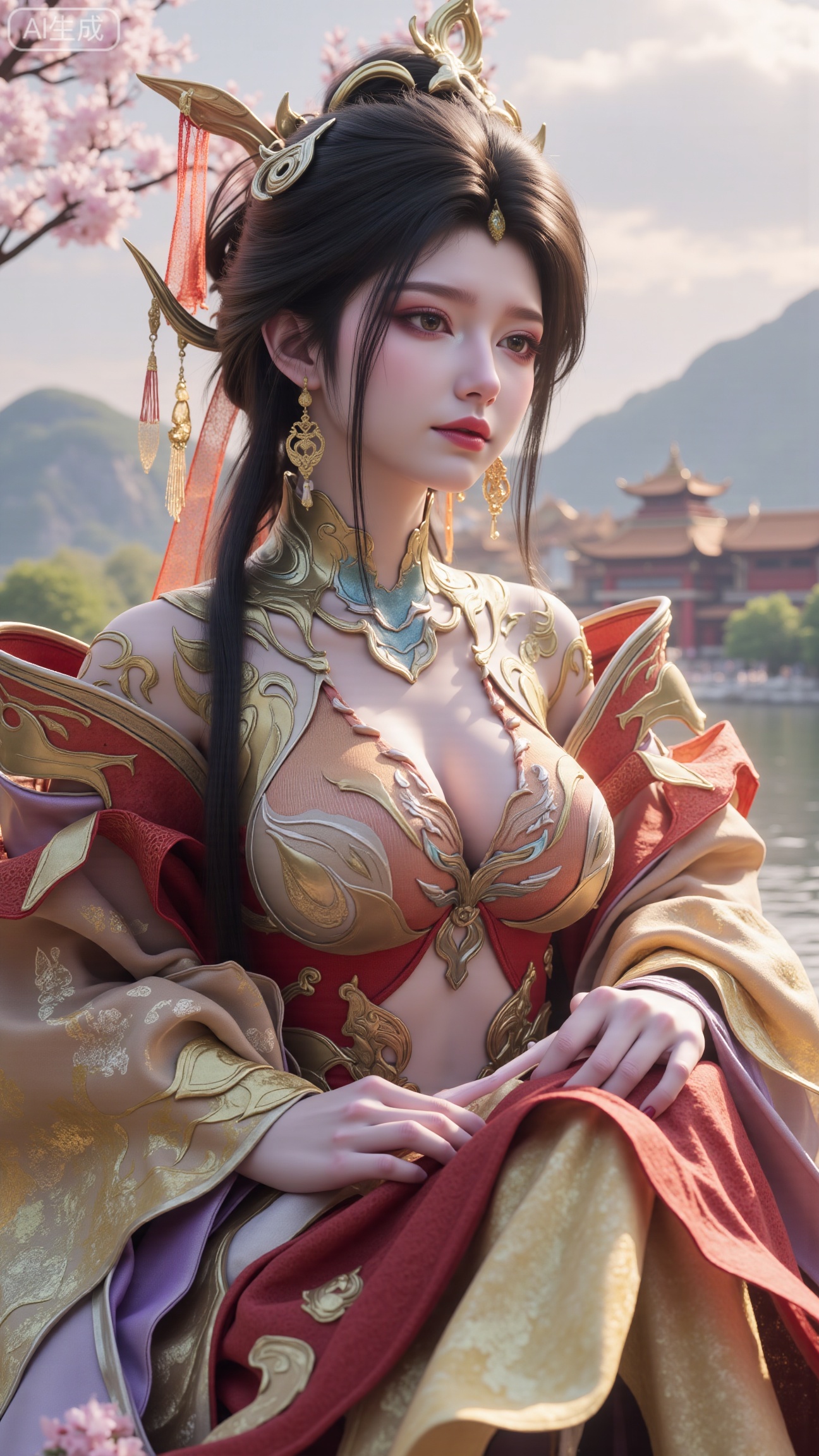 (masterpiece, best quality:1.2),1 girl, solo, long hair, black hair, hair accessories, clothing, cleavage cuts, long dress, jewelry, upper body, earrings. Background is outdoor, sky, clouds, water, trees, architecture, landscape, lantern, mountain, dragon, architecture, bridge, east Asian architecture, fog, pagoda,,(huge breasts:2.99),(full breasts:2.99),,Xbigbreasts,XbaifengsongyuYH,,Xxiapeisongzhihanfu,Xsongzhihanfuxiapei,Xnangongjin,Xnangongjin2