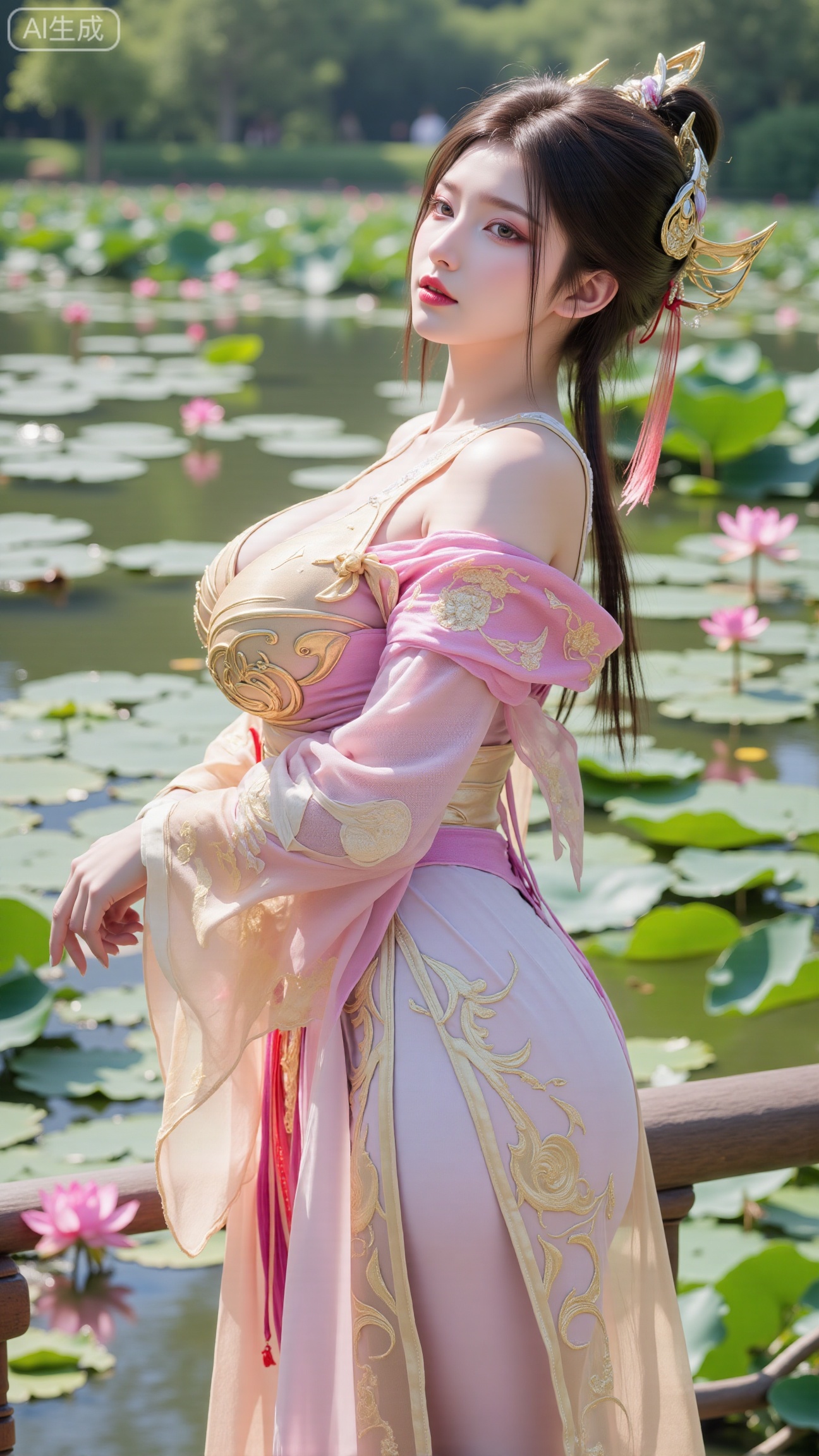 (masterpiece, best quality:1.2),1girl, navel, solo, midriff, bare shoulders, hair ornament,(long hair),(High double ponytail:1.19), red lips, BREAK, (looking at viewer:1.39), chinese clothes,(Holographic Color long dress:1.36), (lace,Rainbow Gradient Color:1.28), BREAK,blurry, solo focus, long hair, lips, daytime, lipstick, outdoors, standing,upper body,(huge breasts:2.89), background, solo, makeup,(Stockings, high heels:1.29),(huge breasts:2.99),(full breasts:2.99),,(Background with lotus pond and pink lotus flowers:1.39),,Xbigbreasts,XbaifengsongyuYH,,Xxiapeisongzhihanfu,Xsongzhihanfuxiapei,Xnangongjin,Xnangongjin2