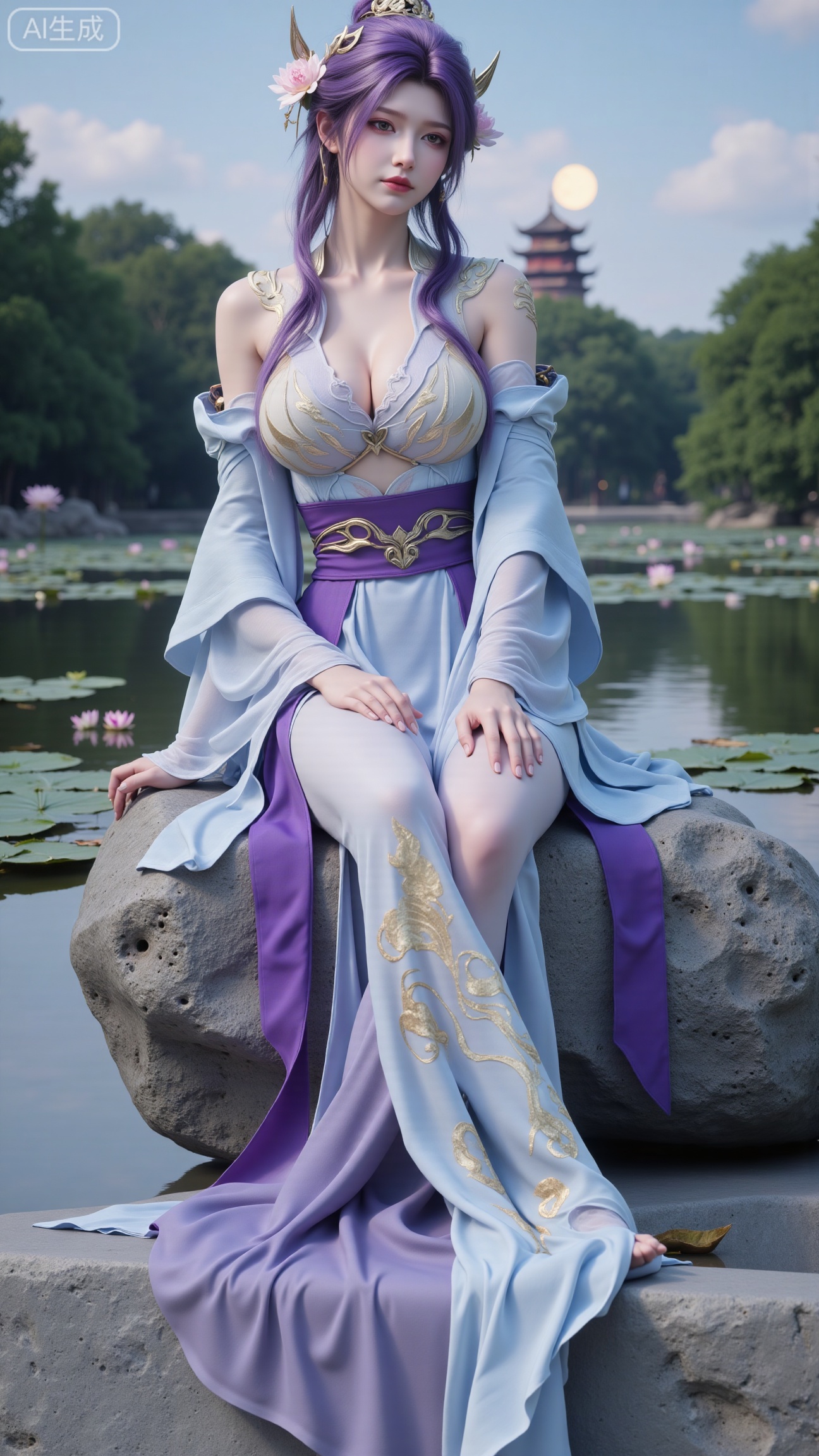 Best quality, Realistic, a woman with long, wavy purple hair is seated on a large gray rock. She is dressed in a light blue dress with a purple belt around her waist. Her dress is adorned with a flower in her hair, adding a touch of beauty to the scene. In the background, a pagoda-like structure stands out against a backdrop of trees and a moon.,(big breasts:2.89),(Lotus, lotus pond:1.69),,Xbigbreasts,XbaifengsongyuYH,,Xxiapeisongzhihanfu,Xsongzhihanfuxiapei,Xnangongjin,Xnangongjin2