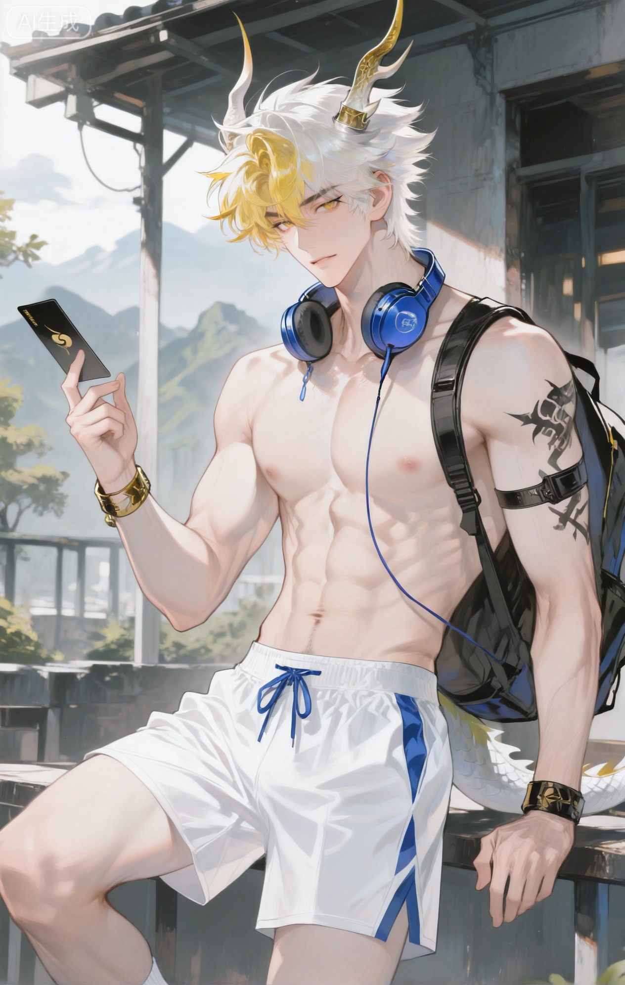 ,xiao zhi tiao,(artist:mazjojo:0.77), (artist:pigeon666:0.70), (artist:zawar379:0.83), (artist:remsrar:0.65), (artist:chimmyming:0.72),masterpiece,best quality,male focus,hd,4kamazing quality,very aesthetic,bust,high resolution,ultra-detailed,perfect lighting,volumetric lighting,,xiaozhitiao,yu xuan,multicolored hair,White dragon tail,White dragon horns,sneakers,white shorts,headphones,tattoo,yellow eyes,white hair,1boy,blonde hair,bangs,white **** top,

masterpiece, best quality, highres, goldenfieldszho, very awa, newest, absurdres, perfect lighting, , nsfw, yaoi, , male, masculine, (athletic, muscular)

 BREAK,,(1boy

BREAK,,danmei,rainbow,xiaozhitiao,Dog ears,Xiaozhitiao,dianmei,Baiwen Card,Black and white,monochrome,Small note art style