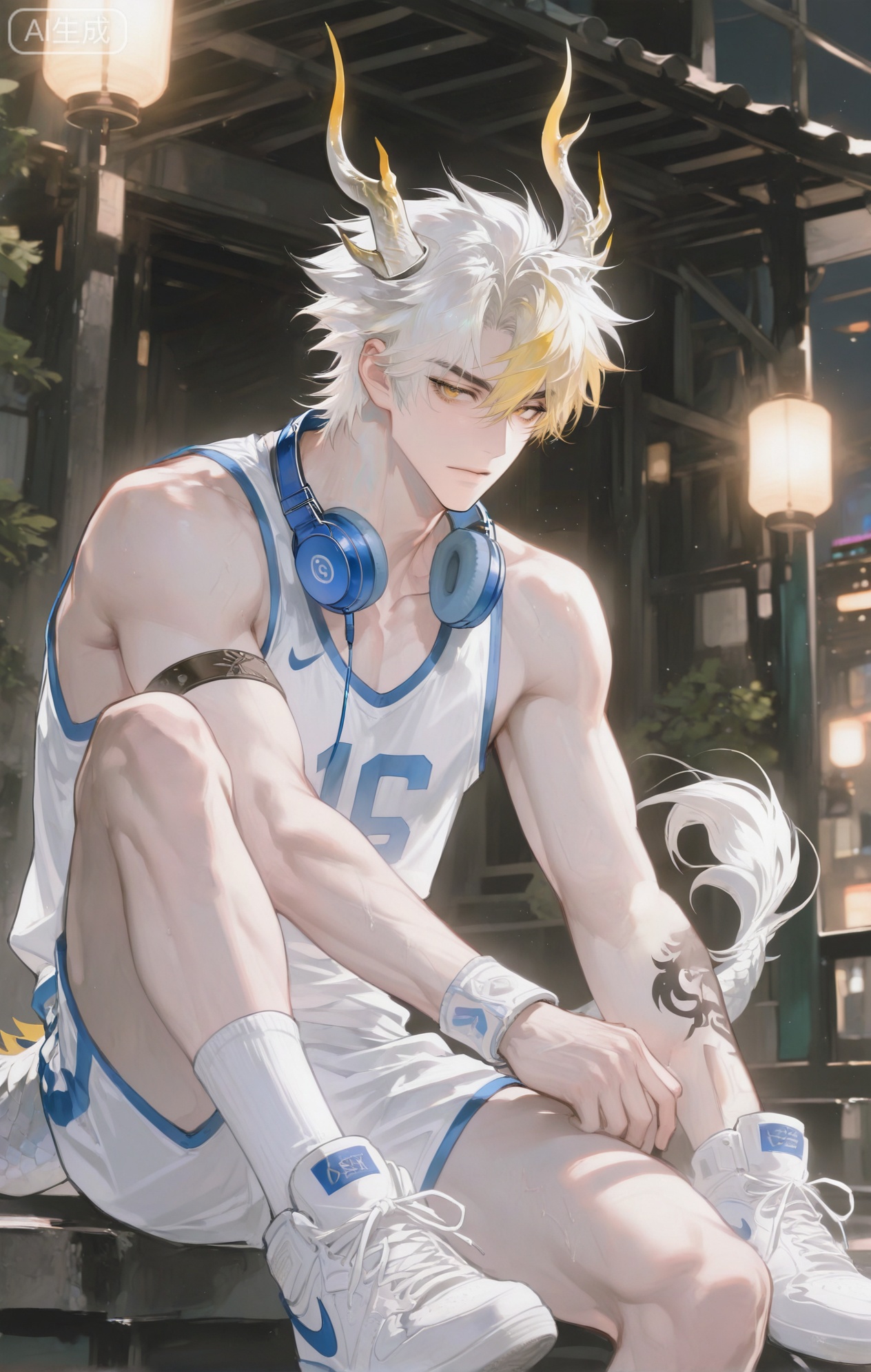 ,xiao zhi tiao,(artist:mazjojo:0.77), (artist:pigeon666:0.70), (artist:zawar379:0.83), (artist:remsrar:0.65), (artist:chimmyming:0.72),masterpiece,best quality,male focus,hd,4kamazing quality,very aesthetic,bust,high resolution,ultra-detailed,perfect lighting,volumetric lighting,,xiaozhitiao,yu xuan,multicolored hair,White dragon tail,White dragon horns,sneakers,white shorts,headphones,tattoo,yellow eyes,white hair,1boy,blonde hair,bangs,white **** top,

masterpiece, best quality, highres, goldenfieldszho, very awa, newest, absurdres, perfect lighting, , nsfw, yaoi, , male, masculine, (athletic, muscular)

 BREAK,,(1boy

BREAK,,danmei,rainbow,xiaozhitiao,Dog ears,Xiaozhitiao,dianmei,Baiwen Card,Black and white,monochrome,Small note art style