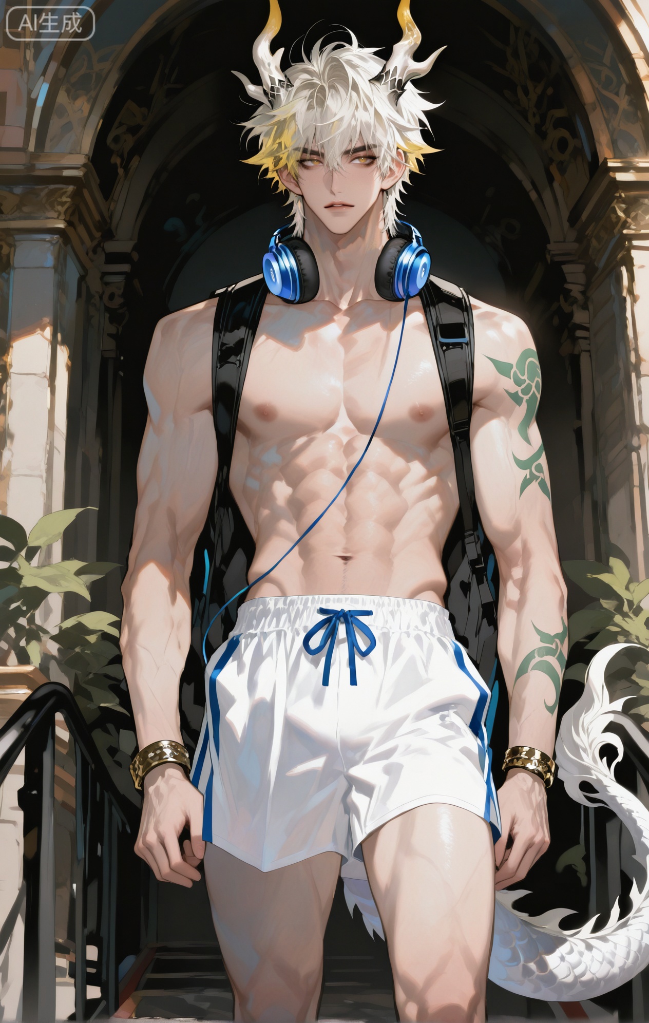,xiao zhi tiao,(artist:mazjojo:0.77), (artist:pigeon666:0.70), (artist:zawar379:0.83), (artist:remsrar:0.65), (artist:chimmyming:0.72),masterpiece,best quality,male focus,hd,4kamazing quality,very aesthetic,bust,high resolution,ultra-detailed,perfect lighting,volumetric lighting,,xiaozhitiao,yu xuan,multicolored hair,White dragon tail,White dragon horns,sneakers,white shorts,headphones,tattoo,yellow eyes,white hair,1boy,blonde hair,bangs,white **** top,

masterpiece, best quality, highres, goldenfieldszho, very awa, newest, absurdres, perfect lighting, , nsfw, yaoi, , male, masculine, (athletic, muscular)

 BREAK,,(1boy

BREAK,,danmei,rainbow,xiaozhitiao,Dog ears,Xiaozhitiao,dianmei,Baiwen Card,Black and white,monochrome