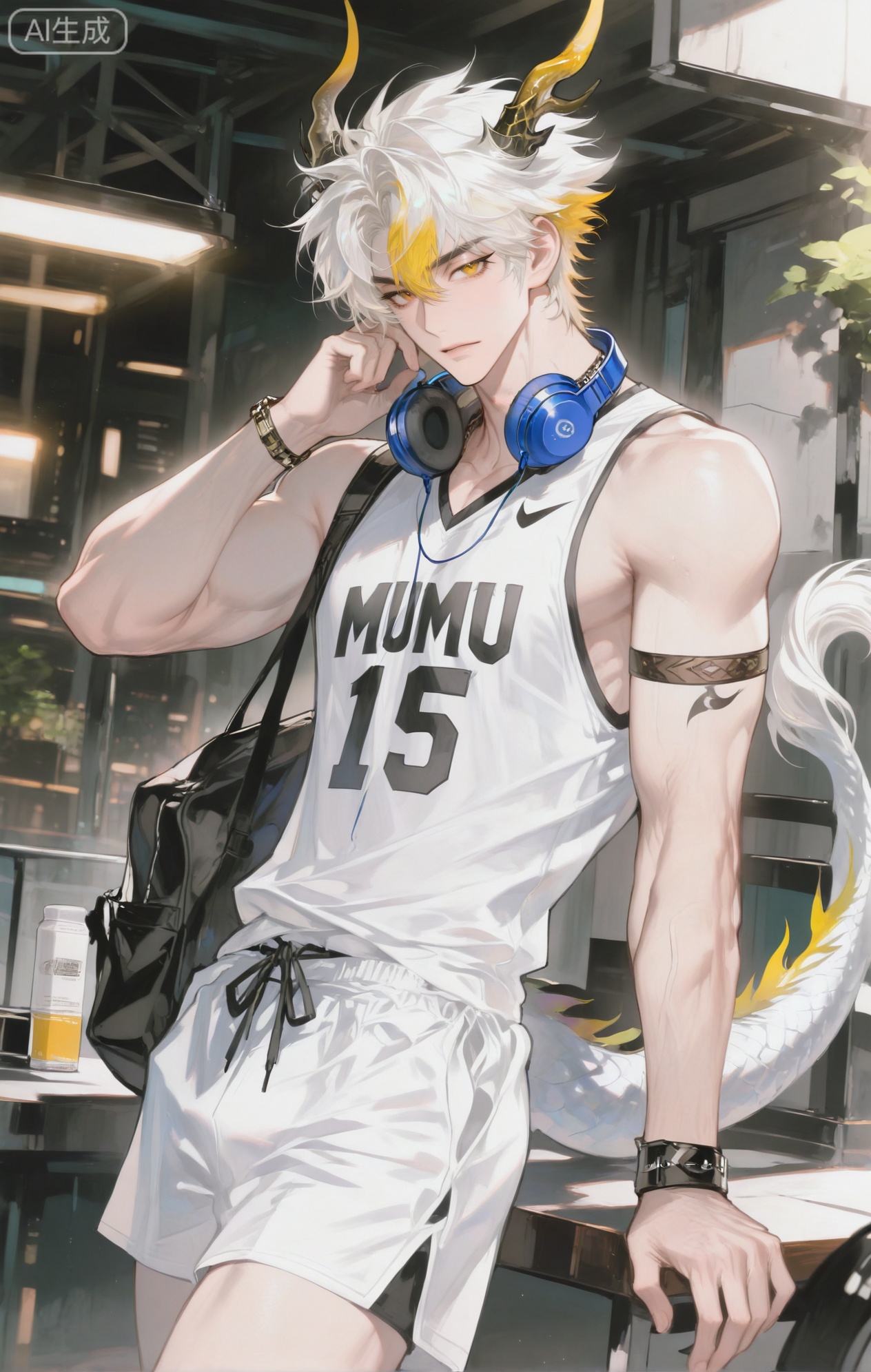 ,xiao zhi tiao,(artist:mazjojo:0.77), (artist:pigeon666:0.70), (artist:zawar379:0.83), (artist:remsrar:0.65), (artist:chimmyming:0.72),masterpiece,best quality,male focus,hd,4kamazing quality,very aesthetic,bust,high resolution,ultra-detailed,perfect lighting,volumetric lighting,,xiaozhitiao,yu xuan,multicolored hair,White dragon tail,White dragon horns,sneakers,white shorts,headphones,tattoo,yellow eyes,white hair,1boy,blonde hair,bangs,white **** top,

masterpiece, best quality, highres, goldenfieldszho, very awa, newest, absurdres, perfect lighting, , nsfw, yaoi, , male, masculine, (athletic, muscular)

 BREAK,,(1boy

BREAK,,danmei,rainbow,xiaozhitiao,Dog ears,Xiaozhitiao,dianmei,Baiwen Card,Black and white,monochrome,Small note art style