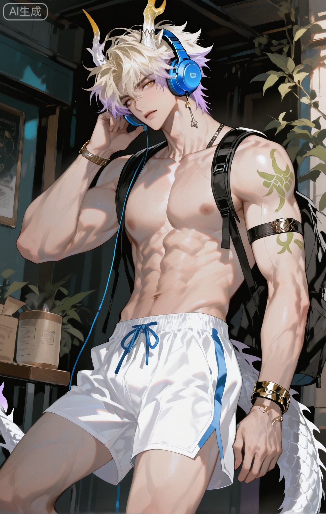 ,xiao zhi tiao,(artist:mazjojo:0.77), (artist:pigeon666:0.70), (artist:zawar379:0.83), (artist:remsrar:0.65), (artist:chimmyming:0.72),masterpiece,best quality,male focus,hd,4kamazing quality,very aesthetic,bust,high resolution,ultra-detailed,perfect lighting,volumetric lighting,,xiaozhitiao,yu xuan,multicolored hair,White dragon tail,White dragon horns,sneakers,white shorts,headphones,tattoo,yellow eyes,white hair,1boy,blonde hair,bangs,white **** top,

masterpiece, best quality, highres, goldenfieldszho, very awa, newest, absurdres, perfect lighting, , nsfw, yaoi, , male, masculine, (athletic, muscular)

 BREAK,,(1boy

BREAK,,danmei,rainbow,xiaozhitiao,Dog ears,Xiaozhitiao,dianmei,Baiwen Card,Black and white,monochrome