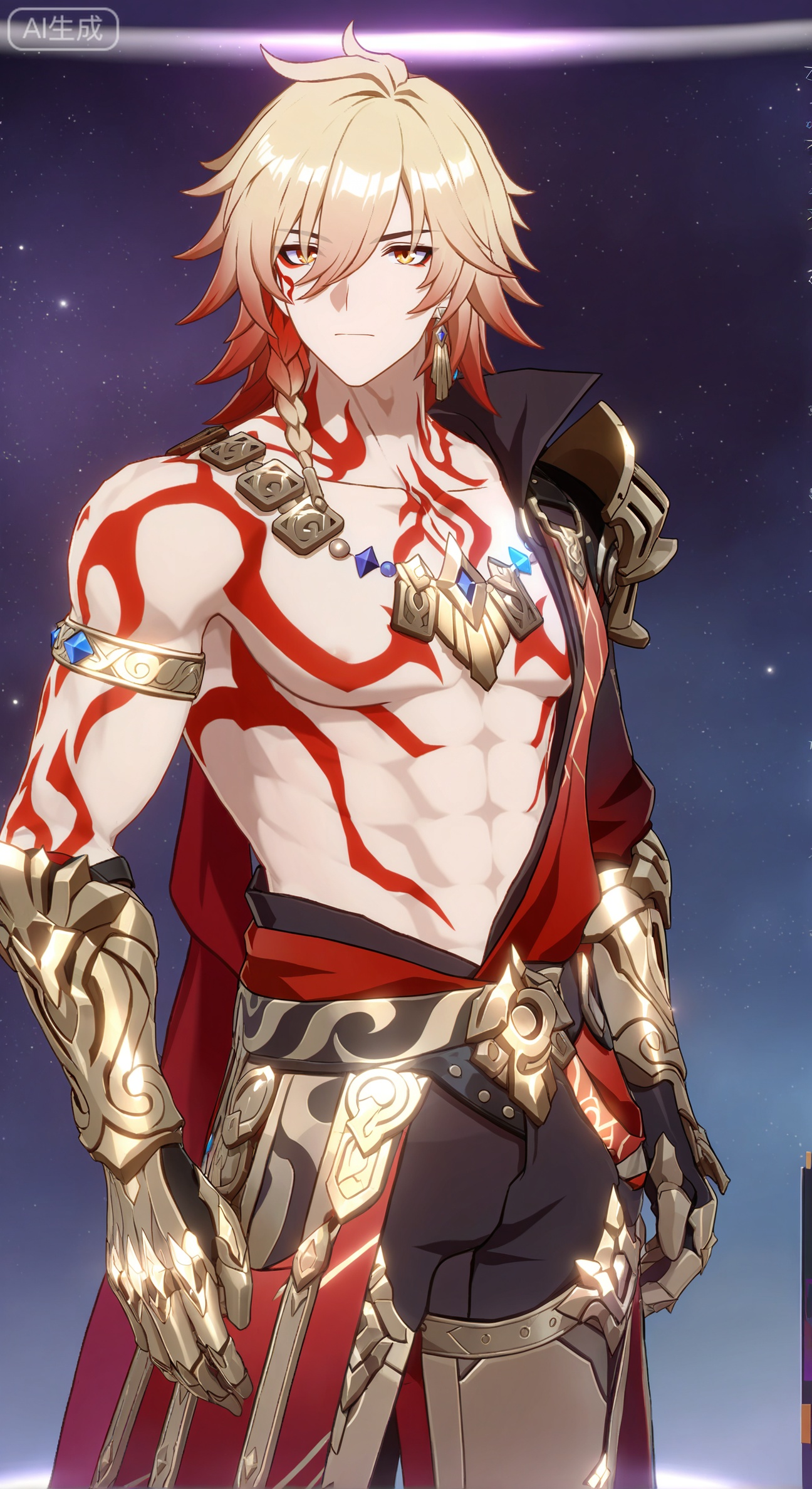 mydei (honkai: star rail),Mydei,blonde hair,red hair,gradient hair,medium hair,hair between eyes,braid  eyeliner,yellow eyes,1boy,single braid,red tattoo,black coat,gold earrings,open coat,armlet,single pauldron,clawed gauntlets,black pants,red cape,collared shirt,white shirt,black shirt