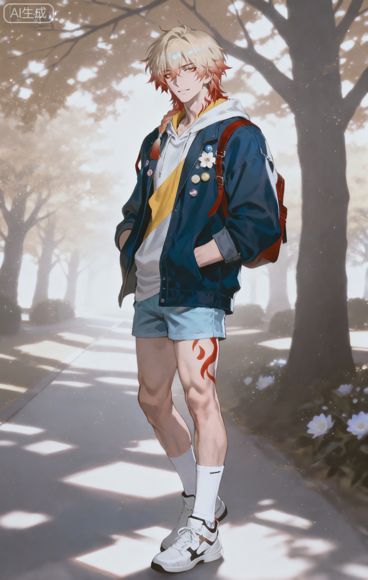 Small note art style,,xiaozhitiao,mydei (honkai: star rail),Mydei,gradient hair,medium hair,hair between eyes,braid  eyeliner,single braid,red tattoo,,blonde hair,red hair,yellow eyes,

,socks,white socks,dianmei

(artist:mazjojo:0.53),(artist:pigeon666:0.37),(artist:zawar379:0.57),(artist:remsrar:0.35),(artist:yoneyama mai:0.64),(yokoyari mengo:0.6),(colored pencil medium),(rei sanbonzakura),(flat color:1.2),masterpiece,best quality,highres,absurdres,extremely detailed,amazing quality,very aesthetic,ultra - detailed,scenery,depth of field,volumetric lighting,high definition,detailed eyes,detailed beautiful face and eyes,best aesthetic,good colors,bright skin,lots of details,1boy,male focus,energetic expression,Anime style,(happy expression:1.3),(strolling in the park:1.2),walking along a tree - lined path in a park, flowers blooming on the sides,(dynamic pose:hands in pockets, looking around),wearing a navy - blue hoodie, a bright yellow scarf loosely wrapped around the neck, light - blue denim shorts, white sneakers with blue accents,a small backpack with pins,a pair of sunglasses pushed onto his head, intricate details,hoodie and scarf details,soft sunlight,cel - shading,anime key visual,ultra HD,8k,Phainon