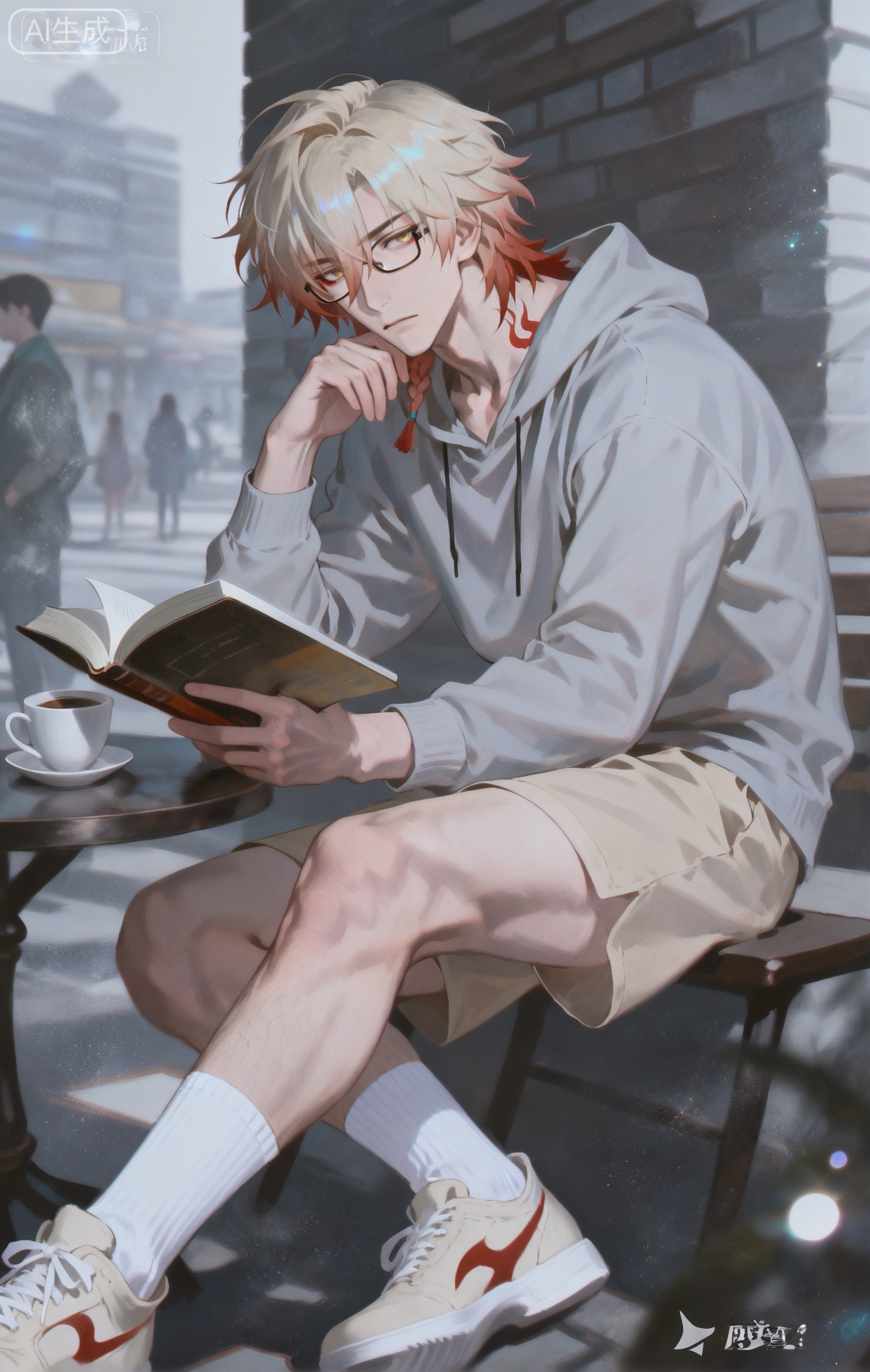 Small note art style,,xiaozhitiao,mydei (honkai: star rail),Mydei,gradient hair,medium hair,hair between eyes,braid  eyeliner,single braid,red tattoo,,blonde hair,red hair,yellow eyes,

,socks,white socks,dianmei

(artist:mazjojo:0.53),(artist:pigeon666:0.37),(artist:zawar379:0.57),(artist:remsrar:0.35),(artist:yoneyama mai:0.64),(yokoyari mengo:0.6),(colored pencil medium),(rei sanbonzakura),(flat color:1.2),masterpiece,best quality,highres,absurdres,extremely detailed,amazing quality,very aesthetic,ultra - detailed,scenery,depth of field,volumetric lighting,high definition,detailed eyes,detailed beautiful face and eyes,best aesthetic,good colors,bright skin,lots of details,1boy,male focus,contemplative expression,Anime style,(absorbed expression:1.3),(reading a book at a coffee shop:1.2),sitting at an outdoor table of a coffee shop on a busy street, people passing by,(dynamic pose:leaning forward, one hand on the book, the other on a cup of coffee),wearing a light - gray hoodie, a purple silk scarf tied in a bow around the neck, khaki shorts, brown leather sneakers,a pair of reading glasses,a notebook and pen beside the book, intricate details,hoodie and scarf details,street - side lighting,cel - shading,anime key visual,ultra HD,8k,Phainon