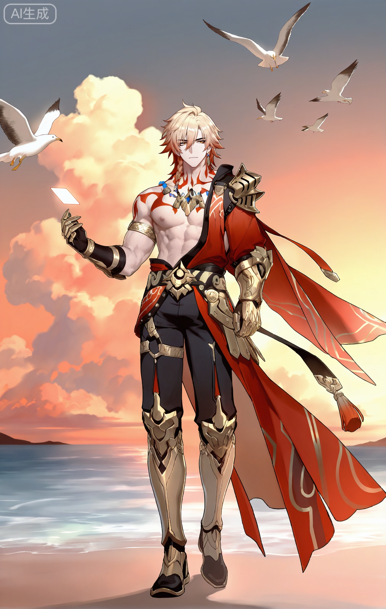 ,xiao zhi tiao,(artist:mazjojo:0.77), (artist:pigeon666:0.70), (artist:zawar379:0.83), (artist:remsrar:0.65), (artist:chimmyming:0.72),masterpiece,best quality,male focus,hd,4kamazing quality,very aesthetic,bust,high resolution,ultra-detailed,perfect lighting,volumetric lighting,,xiaozhitiao,

masterpiece, best quality, highres, goldenfieldszho, very awa, newest, absurdres, perfect lighting, , nsfw, yaoi, , male, masculine, (athletic, muscular)

 BREAK,,(1boy, solo, male focus, a white drawstring hoodie with light blue and aqua blue ocean - wave - like patterns, white long socks,walking on a sandy beach, the ocean in the background with waves crashing, holding a seashell in his hand, looking out at the sea,seagulls flying overhead, a setting sun casting an orange glow, dynamic pose, detailed fabric and sand details, full - body view,seaside - themed white - hoodie style, ocean - inspired color palette, warm sunset lighting


BREAK,,danmei,rainbow,xiaozhitiao,Dog ears,Xiaozhitiao,dianmei,Baiwen Card,Black and white,monochrome,Small note art style,mydei (honkai: star rail),Mydei,blonde hair,red hair,gradient hair,medium hair,hair between eyes,braid  eyeliner,yellow eyes,single braid,red tattoo,black coat,gold earrings,open coat,armlet,single pauldron,clawed gauntlets,black pants,red cape,collared shirt,white shirt,black shirt