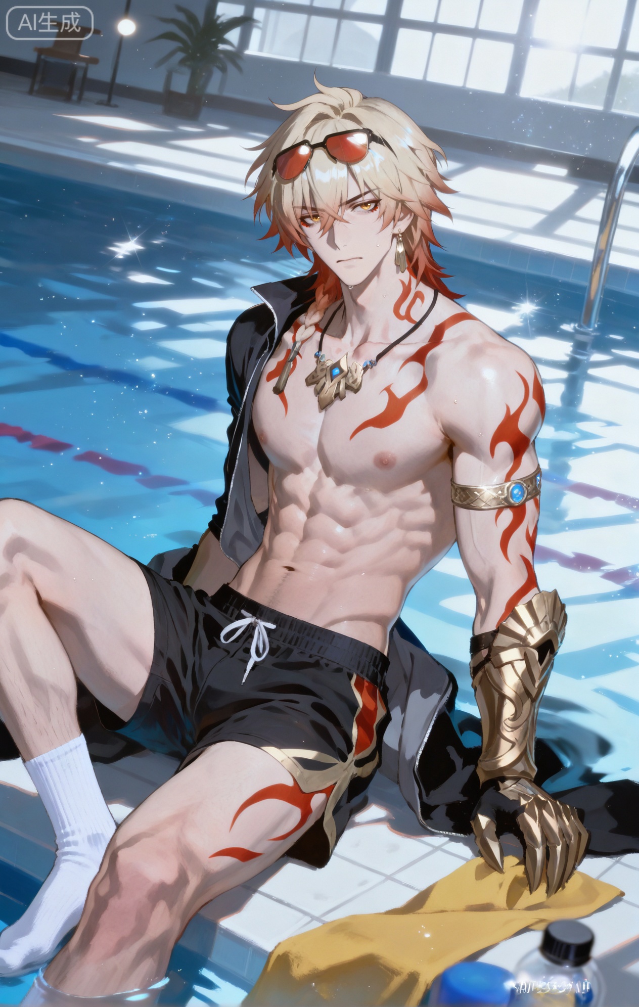 Small note art style,,xiaozhitiao,mydei (honkai: star rail),Mydei,gradient hair,medium hair,hair between eyes,braid  eyeliner,single braid,red tattoo,,blonde hair,red hair,yellow eyes,black coat,gold earrings,open coat,armlet,single pauldron,clawed gauntlets,black pants,red cape,collared shirt,white shirt,black shirt

,socks,white socks,dianmei

(artist:mazjojo:0.53),(artist:pigeon666:0.37),(artist:zawar379:0.57),(artist:remsrar:0.35),(artist:yoneyama mai:0.64),(yokoyari mengo:0.6),(colored pencil medium),(rei sanbonzakura),(flat color:1.2),masterpiece,best quality,highres,absurdres,extremely detailed,amazing quality,very aesthetic,ultra - detailed,scenery,depth of field,volumetric lighting,high definition,detailed eyes,detailed beautiful face and eyes,best aesthetic,good colors,bright skin,lots of details,1boy,male focus,energetic and confident look,healthy - looking skin,muscular build,Anime style,(determined expression:1.3),(swimming in the pool:1.2),(focused eyes),in a large, well - lit 游泳馆,with clear blue water, lane markers, and other swimmers doing laps,(dynamic pose:mid - stroke, arms slicing through the water),wearing a bright orange short - sleeved swimming rash guard, black swim trunks, a pair of goggles on his head,a yellow and black striped beach towel draped over a nearby chair,a blue neoprene swim cap,a water bottle with a sports - drink logo, intricate details,rash guard and towel details,bright pool lighting,cel - shading,anime key visual,ultra HD,8k,Phainon