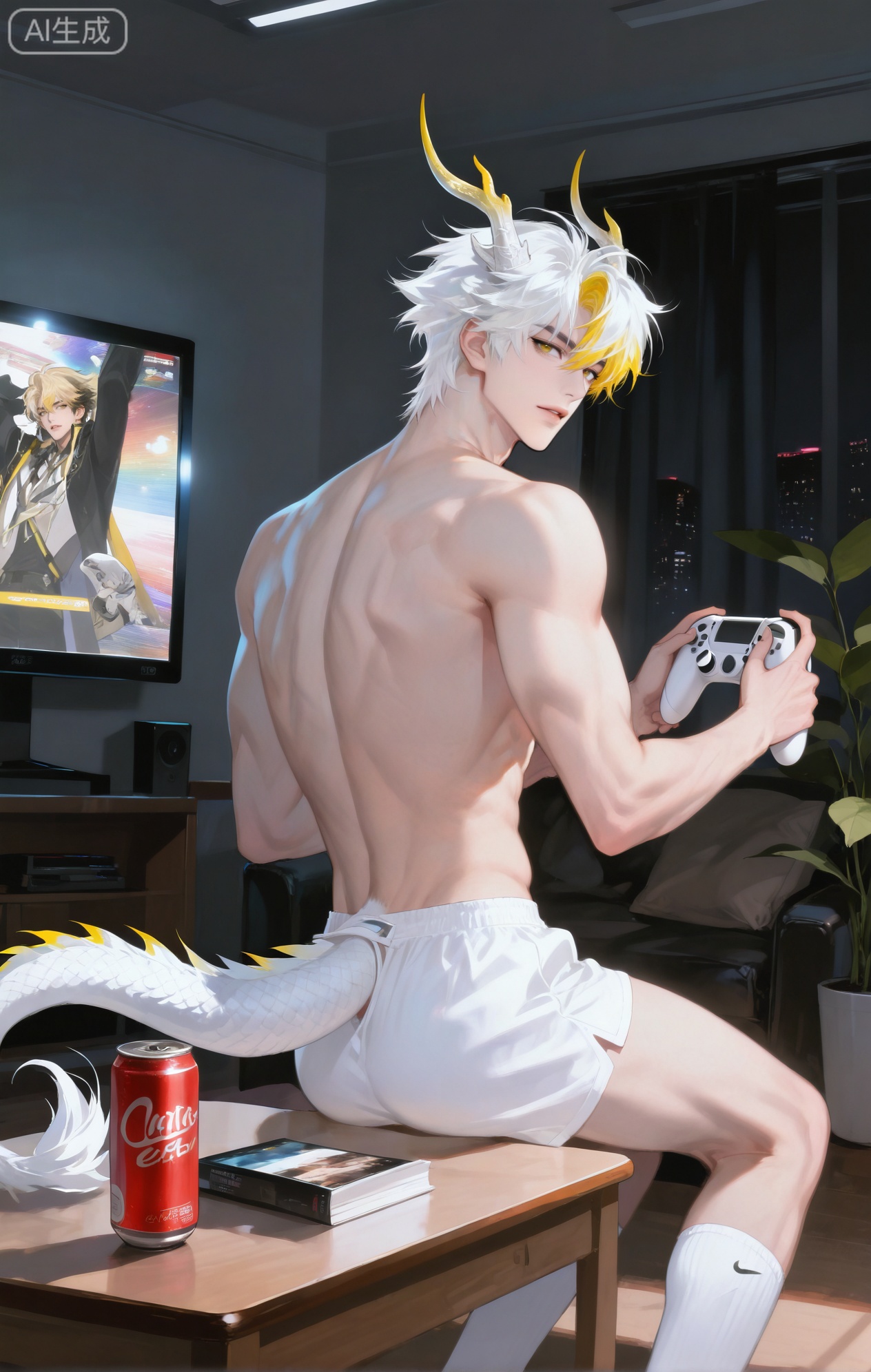 ,xiao zhi tiao,(artist:mazjojo:0.77), (artist:pigeon666:0.70), (artist:zawar379:0.83), (artist:remsrar:0.65), (artist:chimmyming:0.72),masterpiece,best quality,male focus,hd,4kamazing quality,very aesthetic,bust,high resolution,ultra-detailed,perfect lighting,volumetric lighting,,xiaozhitiao,yu xuan,multicolored hair,White dragon tail,White dragon horns,yellow eyes,white hair,blonde hair,1boy,bangs

masterpiece, best quality, highres, goldenfieldszho, very awa, newest, absurdres, perfect lighting, , nsfw, yaoi, , male, masculine, (athletic, muscular)

 BREAK,,(1boy, solo, male focus, black hair, a bear - themed brown and cream colored pajama onesie with a bear - head hood, white knee - high socks,sitting on a couch in the living room, eyes fixed on a big TV screen, holding a game controller, with an excited look,a coffee table in front with snacks and a soda can, some plush toys on the couch, dynamic pose, detailed fabric texture, detailed controller, mid - body view,animal - pajama gaming style, living - room setting, TV - screen glow lighting, (video game screen:1.2)
BREAK,,danmei,rainbow,xiaozhitiao,Dog ears,Xiaozhitiao,dianmei,Baiwen Card,Black and white,monochrome,Small note art style