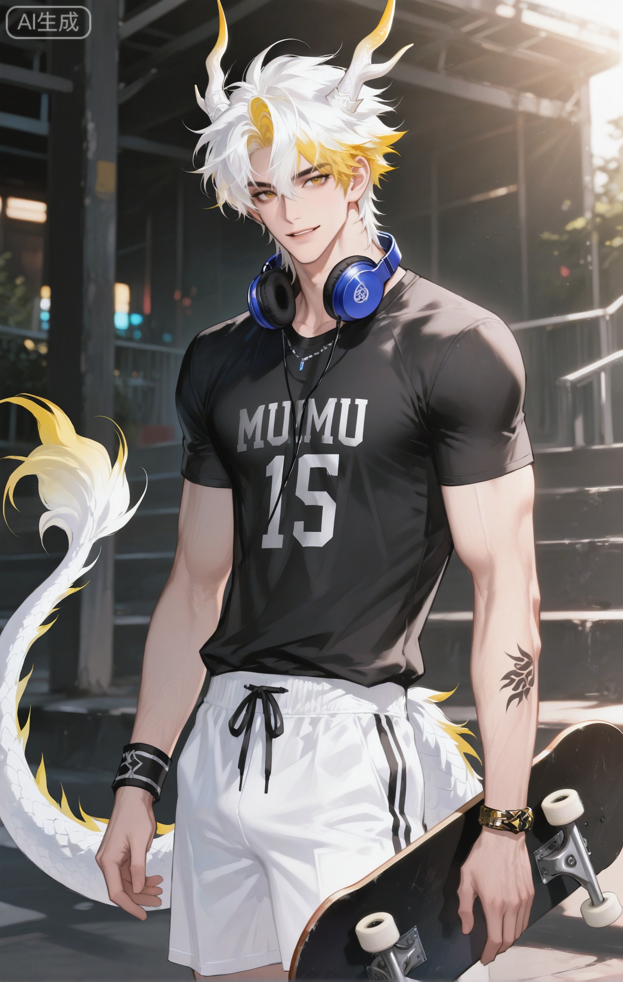 ,xiao zhi tiao,(artist:mazjojo:0.77), (artist:pigeon666:0.70), (artist:zawar379:0.83), (artist:remsrar:0.65), (artist:chimmyming:0.72),masterpiece,best quality,male focus,hd,4kamazing quality,very aesthetic,bust,high resolution,ultra-detailed,perfect lighting,volumetric lighting,,xiaozhitiao,yu xuan,multicolored hair,White dragon tail,White dragon horns,sneakers,white shorts,headphones,tattoo,yellow eyes,white hair,1boy,blonde hair,bangs,white **** top,

masterpiece, best quality, highres, goldenfieldszho, very awa, newest, absurdres, perfect lighting, , nsfw, yaoi, , male, masculine, (athletic, muscular)

 BREAK,,(1boy, solo, male focus, dreadlocks, a red and black plaid flannel shirt over a white graphic tee, ripped black jeans, white low - top sneakers,skateboarding on a half - pipe, a baseball cap on backwards, one hand gripping the skateboard, mid - air with a big smile,skate park with ramps and rails, other skaters in the background, dynamic pose, detailed fabric texture, detailed skateboard, full - body view,hip - hop skate style, plaid and black color scheme, bright sunlight, (skate motion blur:1.2)

BREAK,,danmei,rainbow,xiaozhitiao,Dog ears,Xiaozhitiao,dianmei,Baiwen Card,Black and white,monochrome,Small note art style