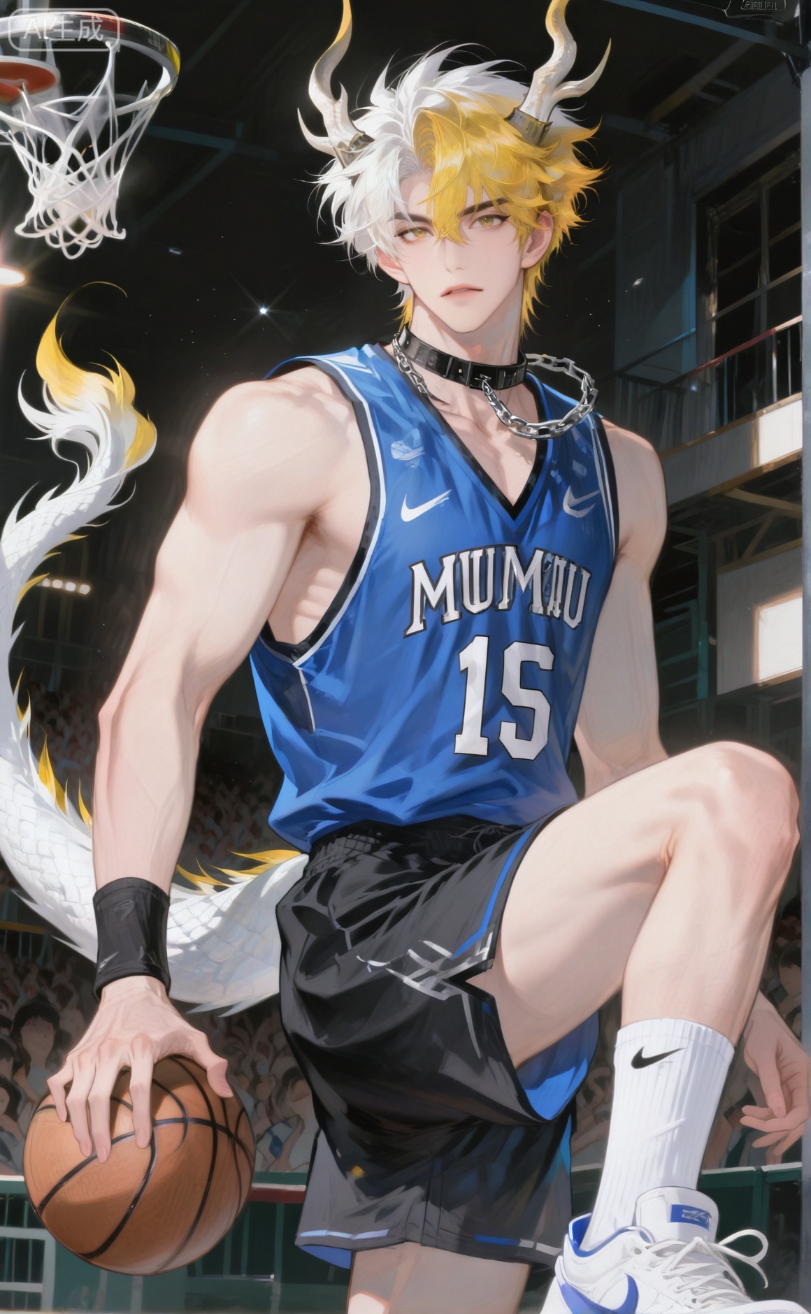 ,xiao zhi tiao,(artist:mazjojo:0.77), (artist:pigeon666:0.70), (artist:zawar379:0.83), (artist:remsrar:0.65), (artist:chimmyming:0.72),masterpiece,best quality,male focus,hd,4kamazing quality,very aesthetic,bust,high resolution,ultra-detailed,perfect lighting,volumetric lighting,,xiaozhitiao,yu xuan,multicolored hair,White dragon tail,White dragon horns,yellow eyes,white hair,blonde hair,1boy,bangs

masterpiece, best quality, highres, goldenfieldszho, very awa, newest, absurdres, perfect lighting, , nsfw, yaoi, , male, masculine, (athletic, muscular)

 BREAK,,(1boy, solo, male focus, short curly hair, a blue and white basketball jersey with a number on the back, black shorts, white crew socks, black and white high - top basketball shoes,dribbling a basketball on a basketball court, a chain with a basketball - shaped pendant around neck, looking determined,basketball hoop, other players in the background, dynamic pose, detailed fabric texture, detailed basketball, mid - body view,basketball hip - hop style, blue and black color combination, bright court lighting, (basketball motion:1.2)

BREAK,,danmei,rainbow,xiaozhitiao,Dog ears,Xiaozhitiao,dianmei,Baiwen Card,Black and white,monochrome,Small note art style