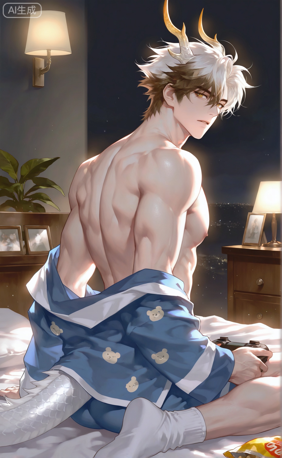 ,xiao zhi tiao,(artist:mazjojo:0.77), (artist:pigeon666:0.70), (artist:zawar379:0.83), (artist:remsrar:0.65), (artist:chimmyming:0.72),masterpiece,best quality,male focus,hd,4kamazing quality,very aesthetic,bust,high resolution,ultra-detailed,perfect lighting,volumetric lighting,,xiaozhitiao,yu xuan,multicolored hair,White dragon tail,White dragon horns,yellow eyes,white hair,blonde hair,1boy,bangs

masterpiece, best quality, highres, goldenfieldszho, very awa, newest, absurdres, perfect lighting, , nsfw, yaoi, , male, masculine, (athletic, muscular)

 BREAK,,(1boy, solo, male focus, messy brown hair, wearing blue and white cartoon - printed pajamas with a teddy bear pattern, white socks,sitting cross - legged on a messy bed, a comic book in one hand, a half - eaten bag of chips beside him, looking relaxed,scattered pillows, a bedside table with a lamp and some video game controllers, dynamic pose, detailed fabric texture, mid - body view,cartoon - themed pajama look, cozy bedroom atmosphere, warm bedside lighting, (comic book:1.2)

BREAK,,danmei,rainbow,xiaozhitiao,Dog ears,Xiaozhitiao,dianmei,Baiwen Card,Black and white,monochrome,Small note art style