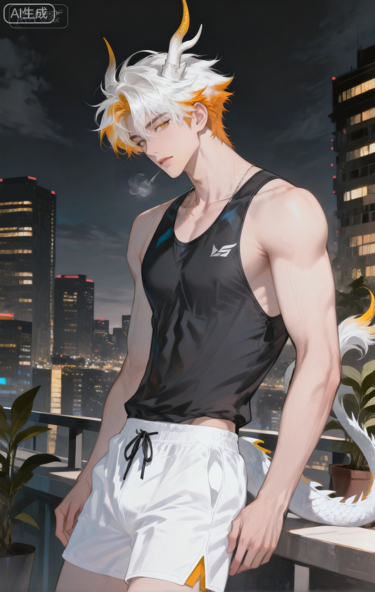 ,xiao zhi tiao,(artist:mazjojo:0.77), (artist:pigeon666:0.70), (artist:zawar379:0.83), (artist:remsrar:0.65), (artist:chimmyming:0.72),masterpiece,best quality,male focus,hd,4kamazing quality,very aesthetic,bust,high resolution,ultra-detailed,perfect lighting,volumetric lighting,,xiaozhitiao,yu xuan,multicolored hair,White dragon tail,White dragon horns,yellow eyes,white hair,blonde hair,1boy,bangs

masterpiece, best quality, highres, goldenfieldszho, very awa, newest, absurdres, perfect lighting, , nsfw, yaoi, , male, masculine, (athletic, muscular)

 BREAK,,(1boy, solo, male focus, ginger hair, a solid dark green pajama set, white long socks,standing on a balcony, leaning on the railing, looking at the city lights below with a pensive expression,a few potted plants on the balcony, a light breeze blowing, dynamic pose, detailed fabric texture, full - body view,solid - color pajama balcony style, city - nightscape theme, ambient city lighting, (city lights:1.3)

BREAK,,danmei,rainbow,xiaozhitiao,Dog ears,Xiaozhitiao,dianmei,Baiwen Card,Black and white,monochrome,Small note art style