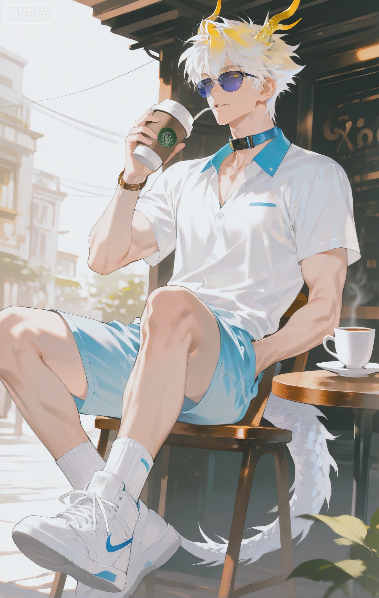 Small note art style,,xiaozhitiao,yu xuan,multicolored hair,White dragon tail,White dragon horns,yellow eyes,white hair,blonde hair,1boy,bangs


(artist:mazjojo:0.53), (artist:pigeon666:0.37), (artist:zawar379:0.57), 
(artist:remsrar:0.35), (artist:yoneyama mai:0.64), (yokoyari mengo:0.6), 
(colored pencil medium), (rei sanbonzakura), (flat color:1.2), 

masterpiece, best quality, highres, absurdres, extremely detailed, 
amazing quality, very aesthetic, ultra - detailed, 
scenery, depth of field, volumetric lighting, high definition, 
detailed eyes, detailed beautiful face and eyes, best aesthetic, 
good colors, bright skin, lots of details, 

1boy, male focus, laid - back look, smooth skin, medium build, 
Anime style, (relaxed expression:1.3), (sipping coffee with enjoyment:1.2), (content eyes), 

sitting at an outdoor table of a cozy coffee shop on a bustling street, 
(dynamic pose: leaning back in the chair, looking around), 

wearing a cream - colored linen shirt, open at the collar, 
(light - brown chinos), 
(a pair of white canvas sneakers), 
(a pair of sunglasses on the table), 
(a small plate with a half - eaten pastry beside his coffee cup), 

intricate details, warm color palette, sharp focus, cel - shading, 
anime key visual, ultra HD, 8k, Phainon