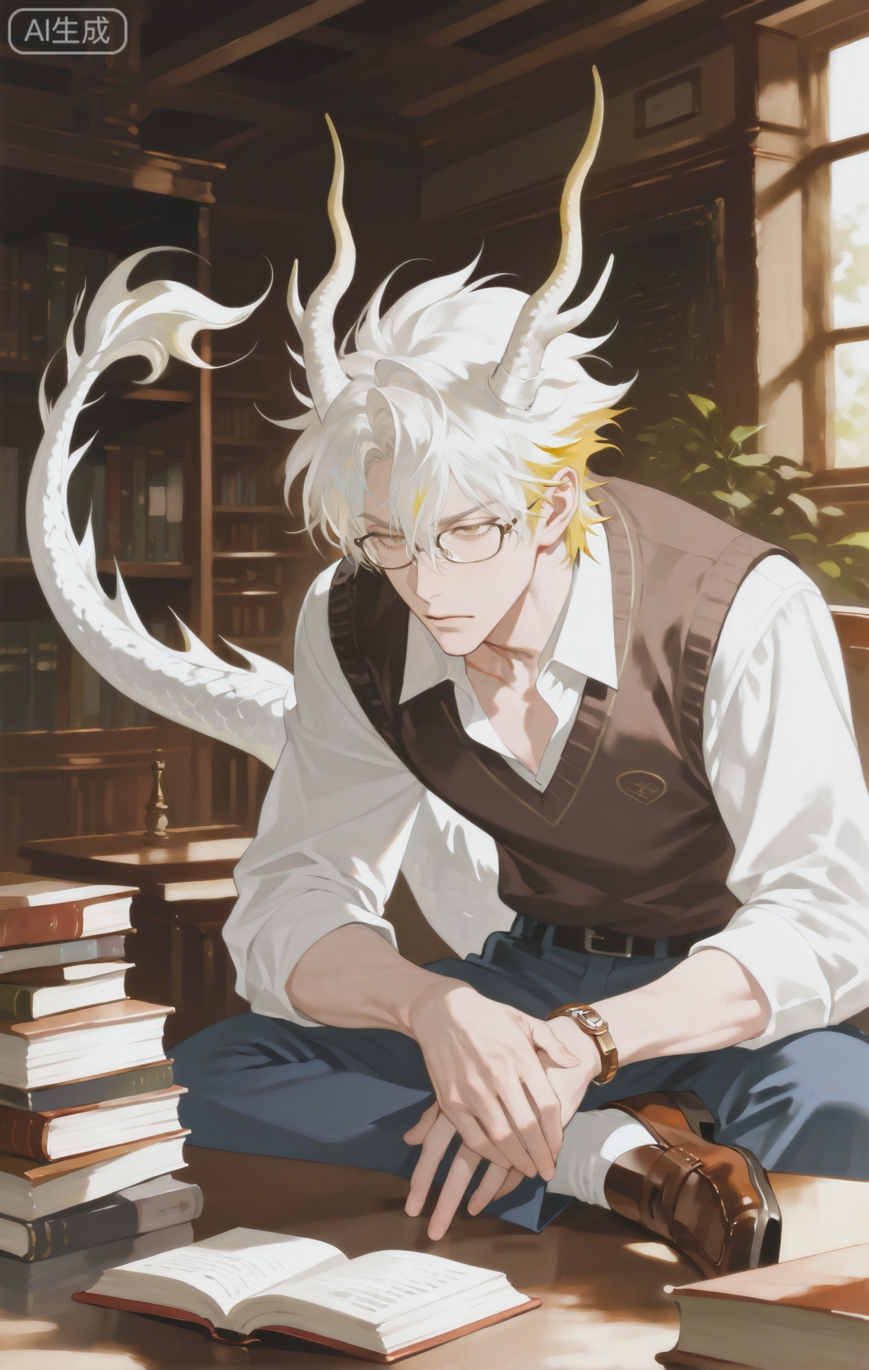 Small note art style,,xiaozhitiao,yu xuan,multicolored hair,White dragon tail,White dragon horns,yellow eyes,white hair,blonde hair,1boy,bangs


(artist:mazjojo:0.53), (artist:pigeon666:0.37), (artist:zawar379:0.57), 
(artist:remsrar:0.35), (artist:yoneyama mai:0.64), (yokoyari mengo:0.6), 
(colored pencil medium), (rei sanbonzakura), (flat color:1.2), 

masterpiece, best quality, highres, absurdres, extremely detailed, 
amazing quality, very aesthetic, ultra - detailed, 
scenery, depth of field, volumetric lighting, high definition, 
detailed eyes, detailed beautiful face and eyes, best aesthetic, 
good colors, bright skin, lots of details, 

1boy, male focus, studious - looking, fair skin, slender build, 
Anime style, (concentrated expression:1.3), (gazing intently at a book:1.2), (thoughtful eyes), 

sitting at a wooden table in a large, quiet library, 
(dynamic pose: leaning slightly forward, one hand holding the book, the other jotting notes), 

wearing a light - gray v - neck sweater over a white collared shirt, 
(dark - blue jeans), 
(a pair of brown loafers), 
(a pair of thin - rimmed glasses on his nose), 
(a stack of books beside him), 

intricate details, muted color palette, soft focus, cel - shading, 
anime key visual, ultra HD, 8k, Phainon