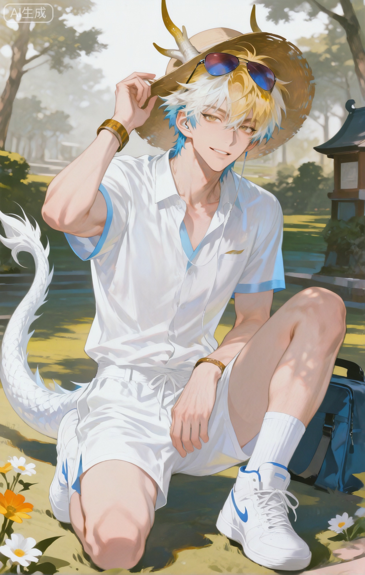 Small note art style,,xiaozhitiao,yu xuan,multicolored hair,White dragon tail,White dragon horns,yellow eyes,white hair,blonde hair,1boy,bangs

(artist:mazjojo:0.53), (artist:pigeon666:0.37), (artist:zawar379:0.57), 
(artist:remsrar:0.35), (artist:yoneyama mai:0.64), (yokoyari mengo:0.6), 
(colored pencil medium), (rei sanbonzakura), (flat color:1.2), 

masterpiece, best quality, highres, absurdres, extremely detailed, 
amazing quality, very aesthetic, ultra - detailed, 
scenery, depth of field, volumetric lighting, high definition, 
detailed eyes, detailed beautiful face and eyes, best aesthetic, 
good colors, bright skin, lots of details, 

1boy, male focus, young *****, fresh - looking skin, athletic build, 
Anime style, (cheerful expression:1.3), (smiling widely:1.2), (twinkling eyes), 

in a lush park with green grass and colorful flowers, 
(dynamic pose: kneeling beside a picnic blanket, reaching for a sandwich), 

wearing a light - blue short - sleeved button - down shirt, half - tucked into beige cargo shorts, 
(a pair of white sneakers), 
(a straw hat on the blanket nearby), 
(a pair of aviator sunglasses pushed up on his head), 
(earbuds in his ears, cord trailing), 

intricate details, soft color palette, sharp focus, cel - shading, 
anime key visual, ultra HD, 8k, Phainon