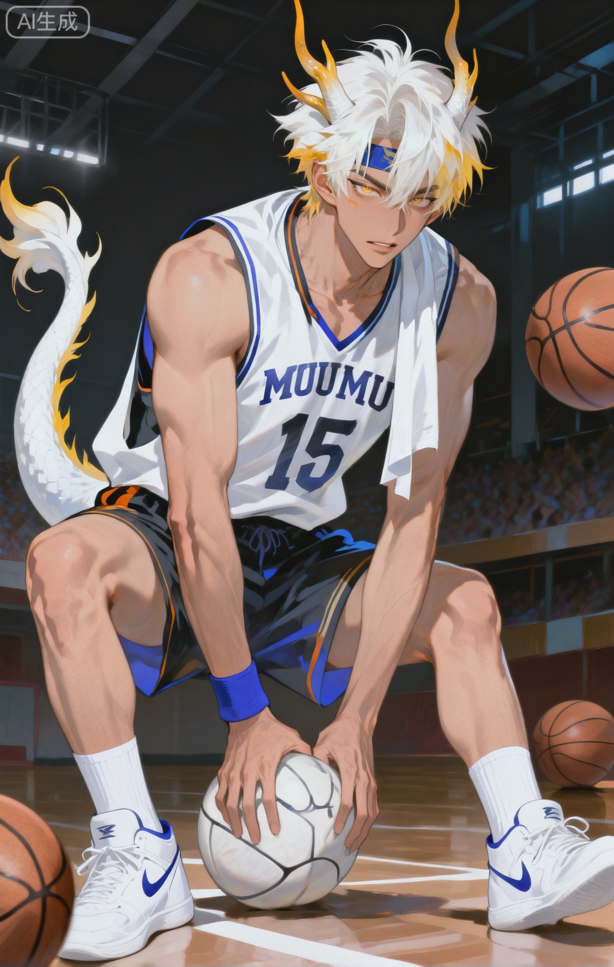Small note art style,,xiaozhitiao,yu xuan,multicolored hair,White dragon tail,White dragon horns,yellow eyes,white hair,blonde hair,1boy,bangs


(artist:mazjojo:0.53), (artist:pigeon666:0.37), (artist:zawar379:0.57), 
(artist:remsrar:0.35), (artist:yoneyama mai:0.64), (yokoyari mengo:0.6), 
(colored pencil medium), (rei sanbonzakura), (flat color:1.2), 

masterpiece, best quality, highres, absurdres, extremely detailed, 
amazing quality, very aesthetic, ultra - detailed, 
scenery, depth of field, volumetric lighting, high definition, 
detailed eyes, detailed beautiful face and eyes, best aesthetic, 
good colors, bright skin, lots of details, 

1boy, male focus, energetic look, tanned skin, muscular build, 
Anime style, (passionate expression:1.3), (dribbling the ball with intensity:1.2), (fiery eyes), 

on a well - lit basketball court in a large gymnasium, 
(dynamic pose: lunging forward, about to take a shot), 

wearing an orange and black basketball jersey with a number on the back, 
(black basketball shorts), 
(white high - top basketball shoes with orange accents), 
(a sweatband on his forehead), 
(a towel hanging from his waistband), 

intricate details, bold color palette, sharp focus, cel - shading, 
anime key visual, ultra HD, 8k, Phainon