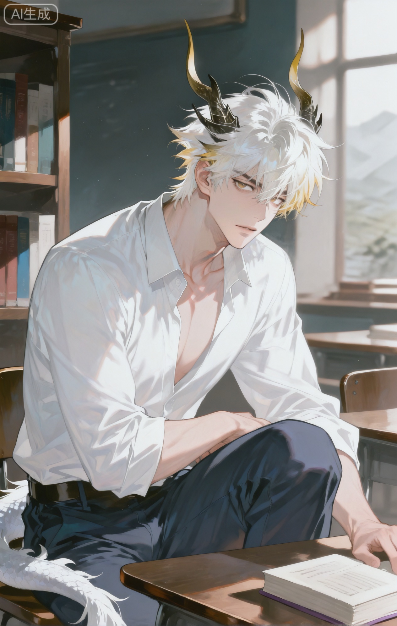 ,xiao zhi tiao,(artist:mazjojo:0.77), (artist:pigeon666:0.70), (artist:zawar379:0.83), (artist:remsrar:0.65), (artist:chimmyming:0.72),masterpiece,best quality,male focus,hd,4kamazing quality,very aesthetic,bust,high resolution,ultra-detailed,perfect lighting,volumetric lighting,,xiaozhitiao,yu xuan,multicolored hair,White dragon tail,White dragon horns,yellow eyes,white hair,blonde hair,1boy,bangs

masterpiece, best quality, highres, goldenfieldszho, very awa, newest, absurdres, perfect lighting, , nsfw, yaoi, , male, masculine, (athletic, muscular)

 BREAK,,((artist:mazjojo:0.53), (artist:pigeon666:0.37), (artist:zawar379:0.57), 
(artist:remsrar:0.35), (artist:yoneyama mai:0.64), (yokoyari mengo:0.6), 
(colored pencil medium), (rei sanbonzakura), (flat color:1.2), 

masterpiece, best quality, highres, absurdres, extremely detailed, 
amazing quality, very aesthetic, ultra - detailed, 
scenery, depth of field, volumetric lighting, high definition, 
detailed eyes, detailed beautiful face and eyes, best aesthetic, 
good colors, bright skin, lots of details, 

1boy, male focus, studious - looking, fair skin, slender build, 
Anime style, (concentrated expression:1.3), (gazing intently at a book:1.2), (thoughtful eyes), 

sitting at a wooden table in a large, quiet library, 
(dynamic pose: leaning slightly forward, one hand holding the book, the other jotting notes), 

wearing a light - gray v - neck sweater over a white collared shirt, 
(dark - blue jeans), 
(a pair of brown loafers), 
(a pair of thin - rimmed glasses on his nose), 
(a stack of books beside him), 

intricate details, muted color palette, soft focus, cel - shading, 
anime key visual, ultra HD, 8k, Phainon
BREAK,,danmei,rainbow,xiaozhitiao,Dog ears,Xiaozhitiao,dianmei,Baiwen Card,Black and white,monochrome,Small note art style