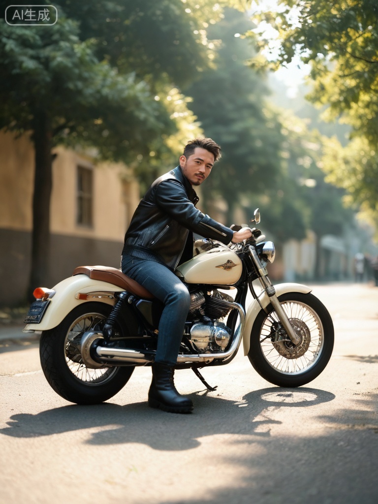 质量词: masterpiece, best quality, highres, ultra-detailed, absurdres 画面风格: realistic, cinematic lighting, vintage atmosphere, sharp focus 人物特征: 1man, solo, 30s, neat short hair, rugged masculinity, confident expression, relaxed posture 人物服饰: well-fitted leather jacket, (fitted to the body:1.1), dark pants, boots 人物事件: leaning against a vintage motorcycle, one hand resting on the bike, outdoor setting, soft shadow, sunlight casting warm tone, background slightly blurred to highlight the subject