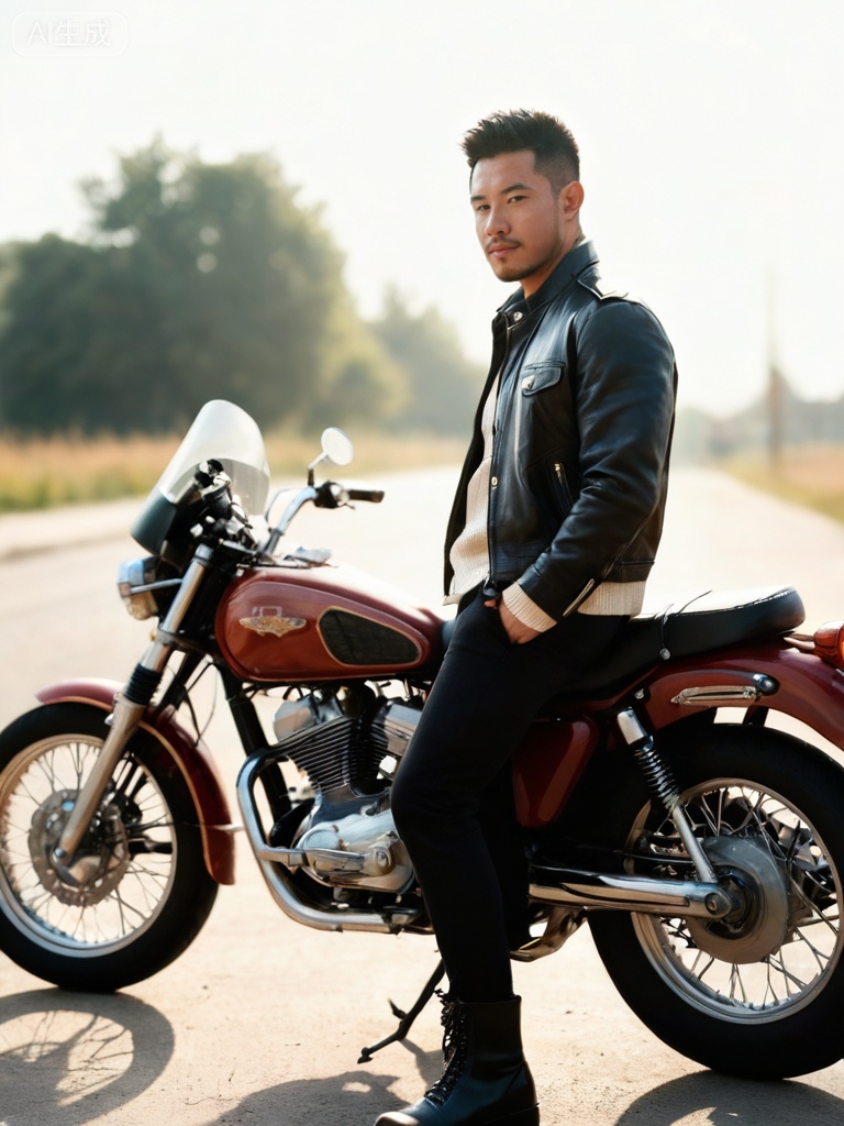 质量词: masterpiece, best quality, highres, ultra-detailed, absurdres 画面风格: realistic, cinematic lighting, vintage atmosphere, sharp focus 人物特征: 1man, solo, 30s, neat short hair, rugged masculinity, confident expression, relaxed posture 人物服饰: well-fitted leather jacket, (fitted to the body:1.1), dark pants, boots 人物事件: leaning against a vintage motorcycle, one hand resting on the bike, outdoor setting, soft shadow, sunlight casting warm tone, background slightly blurred to highlight the subject,DYMAN