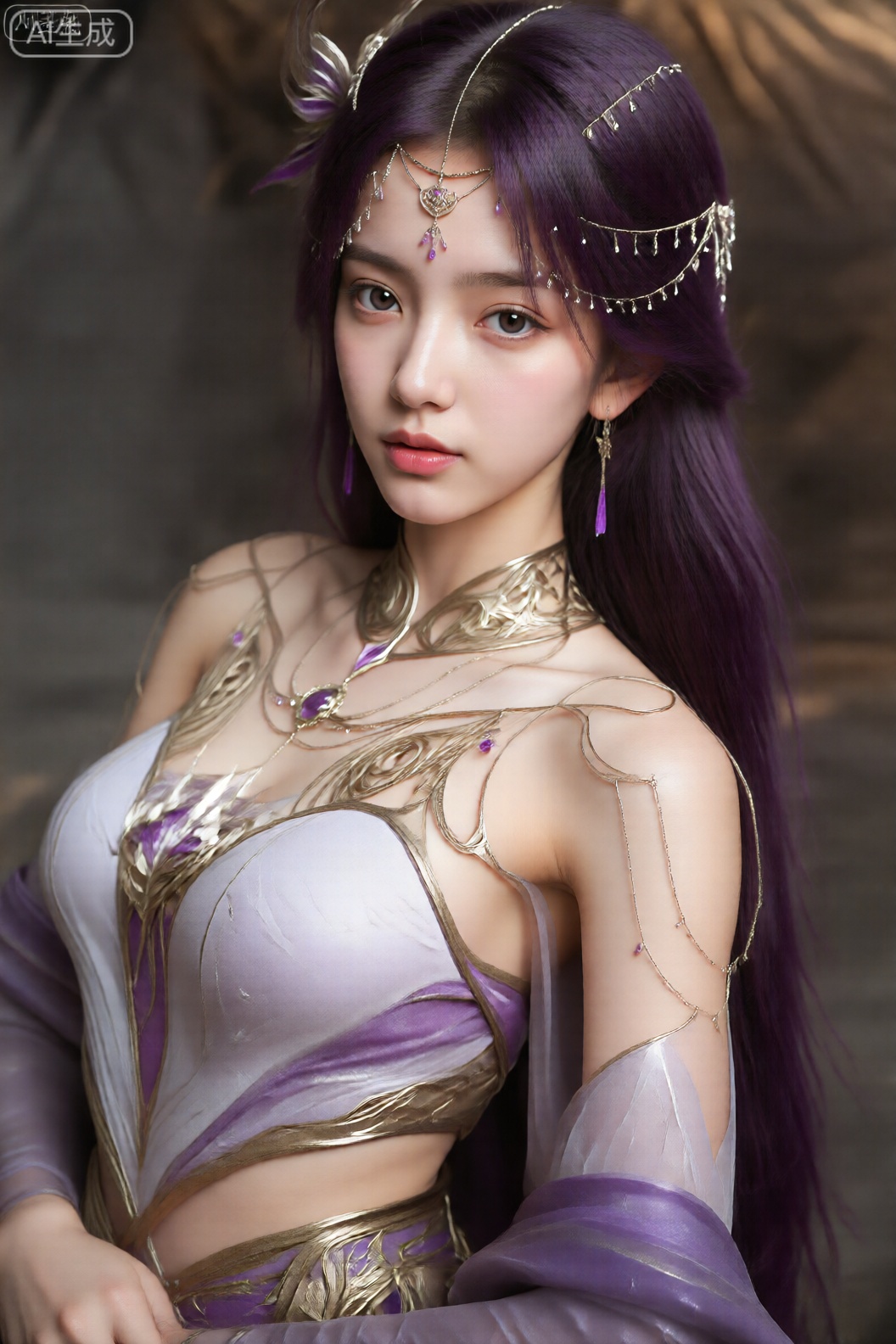 这张照片上的人物有一头长长的、充满活力的紫色头发,配有复杂的金色和银色发饰,其中包括精致的链子和小型宝石状装饰。该人穿着精致的服装,融合了幻想和未来主义设计元素。该服装由合身的半透明上衣组成,其底色为白色,带有华丽的金色图案,并点缀着紫色宝石。该设计包括锐利、棱角分明的线条和透明面料的混合,露出下面的皮肤。该人还穿着一件飘逸的紫色斗篷或带有类似金色细节的外衣。。整体外观高度风格化和超凡脱俗,注重复杂的细节和引人注目的调色板。