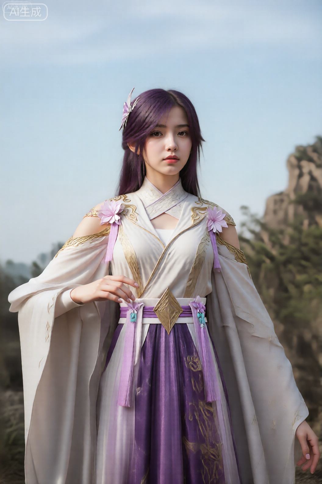 图像描绘了一个人,有一头紫色的长直发,头上戴着一个花朵图案的发夹。该人穿着精致的传统风格服装,融合了奇幻元素和中国历史服饰的元素。主要服装是一件飘逸的灰白色长袖长袍,边缘和肩部饰有复杂的金色刺绣。长袍采用高领设计,精致的图案设计,肩部附近饰有紫色和粉红色的花卉装饰,中央有紫色织物的垂直条纹。腰间系着一条系成蝴蝶结的宽紫色腰带,流苏垂落。下半身是一条深紫色的裙子,上面有金色的图案,增添了一种王者气息。背景展示了晴朗天空下的岩石山地景观和一些绿色植物,暗示着户外环境。整体外观优雅超凡,注重细节的服装设计和宁静的自然背景。