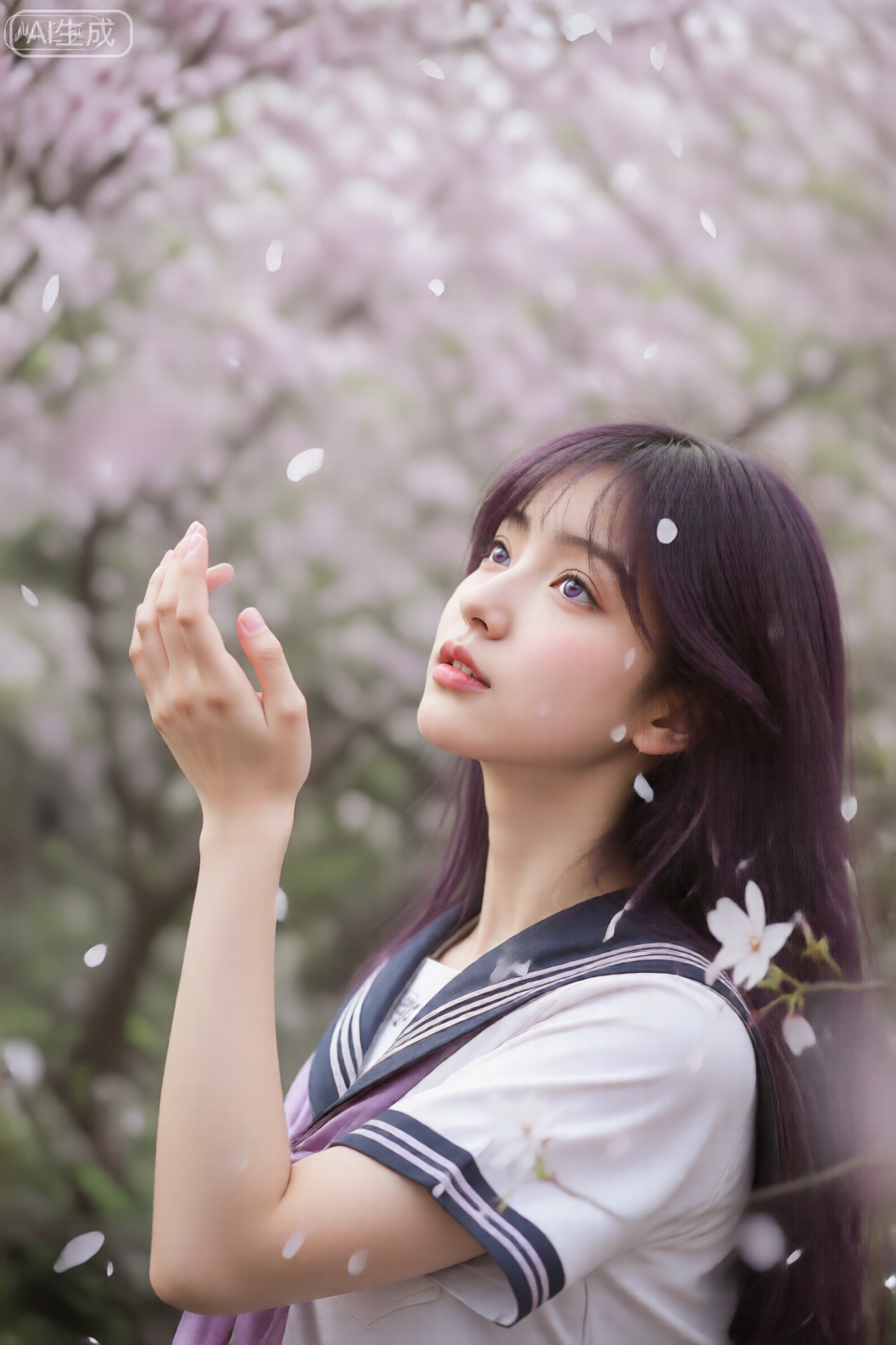 ,精致壁纸风摄影,春日樱花盛开的季节,一位穿着JK制服的学妹站在漫天飞舞的樱花雨中。她微微仰头,伸手去接飘落的花瓣,眼神中带着憧憬和美好。画面柔和浪漫,以粉白色调为主,背景是虚化的樱花树林,前景有花瓣飘过,层次感丰富。
镜头参数： Nikon D850, Nikkor 105mm f/1.4E ED, 光圈f/1.6, 快门1/800s, ISO 100。,云曦,紫发,紫色眼睛