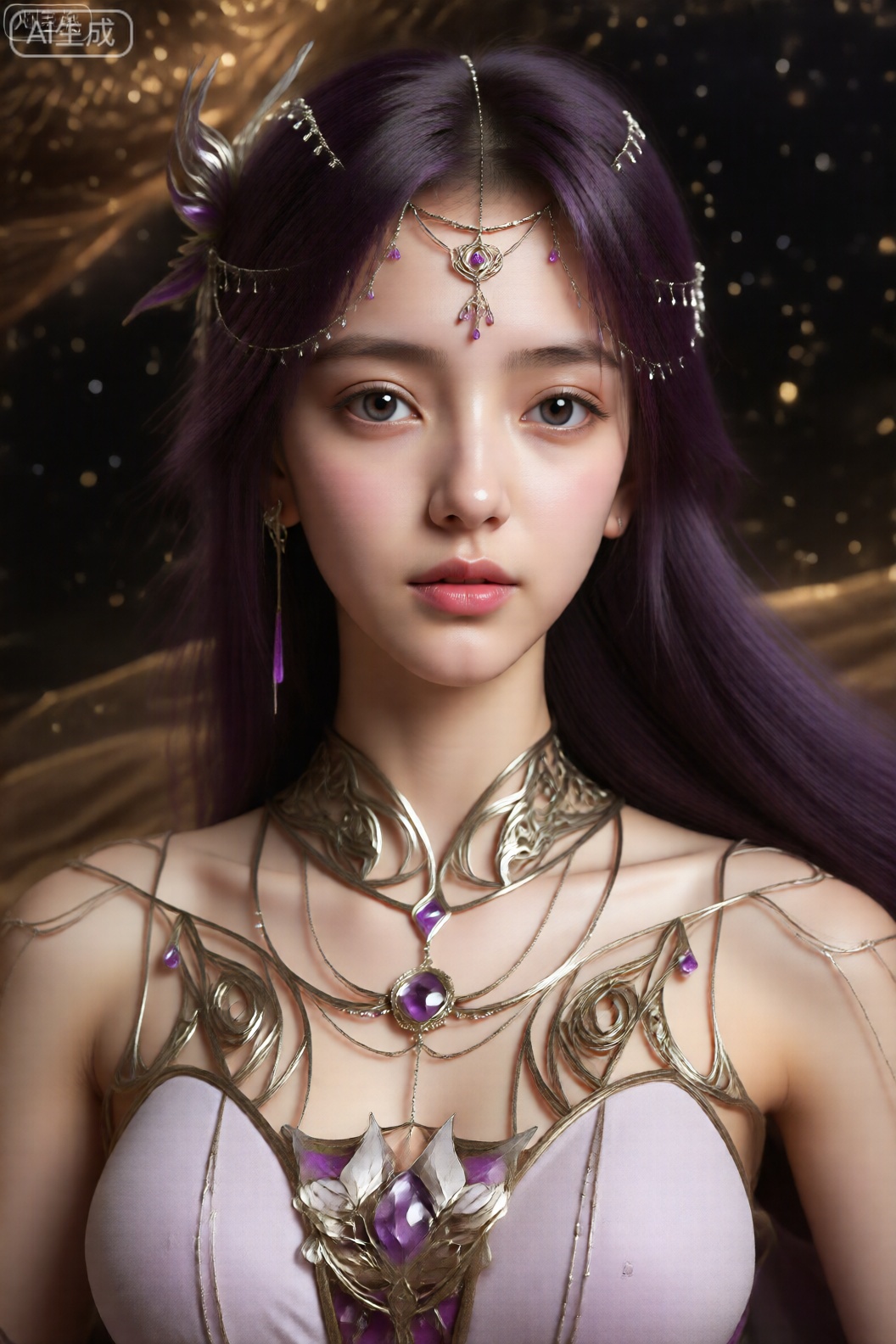 从头到膝盖高度的照片,该图像描绘了一个有着长长的、飘逸的紫色头发的人,戴着精致的银色珠宝。该人戴着一条由银色金属制成的复杂华丽的项链,中央有一颗大的紫色宝石,周围环绕着较小的颜色相似的宝石。项链设计包括漩涡图案和金银丝,延伸至肩膀和上胸部。此人的服装似乎是浅粉色或淡紫色的衣服,带有与项链相得益彰的精致金属装饰。背景是黑暗的、繁星点点的夜空,带有金色、闪闪发光的元素,营造出一种神秘或神圣的氛围。整体美感优雅且充满幻想,注重复杂的细节和和谐的紫色、银色和粉色调色板。