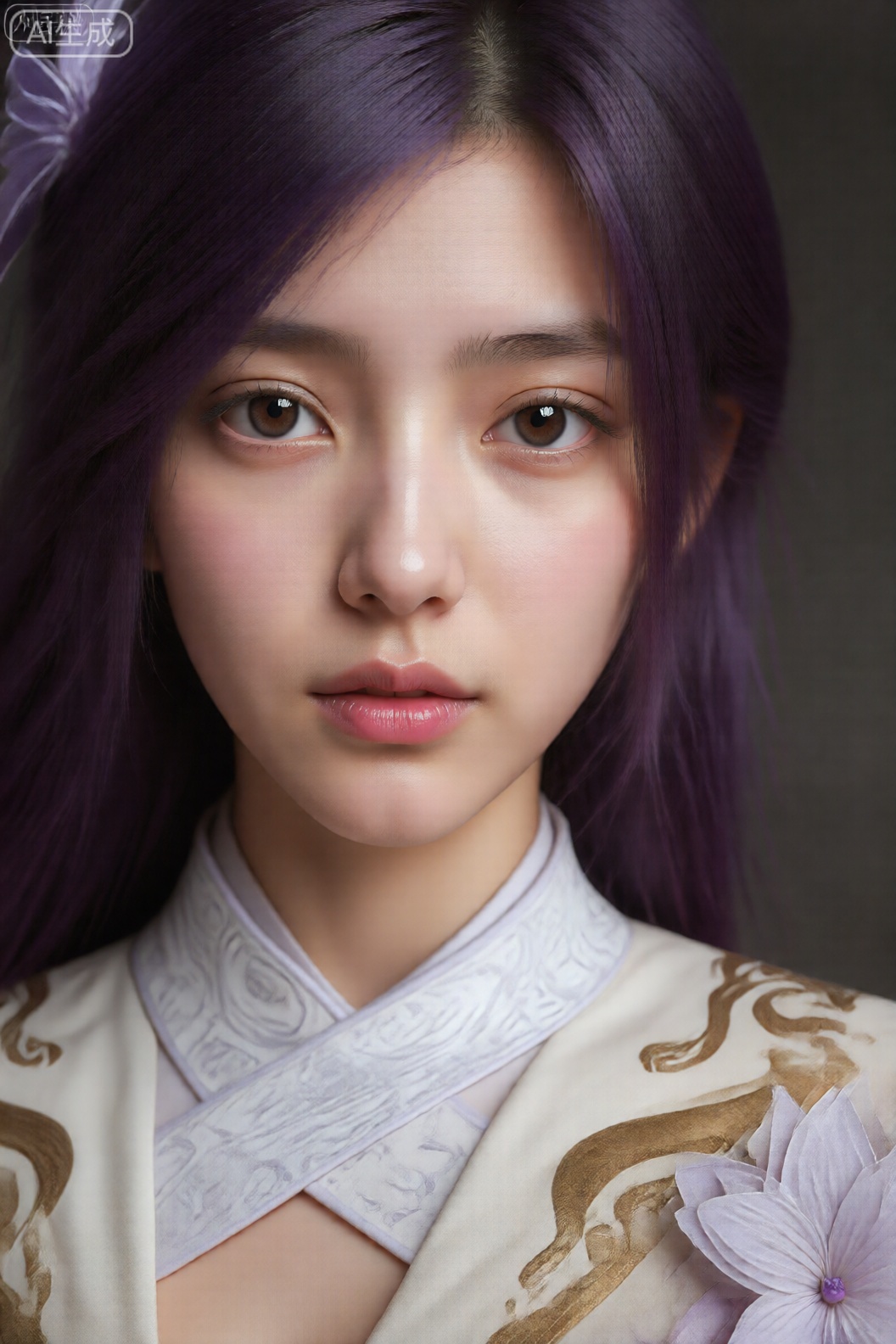 这张照片的特写是一个人,紫色的长发直垂到脸的左侧。头发的根部呈深紫色,向尖端逐渐过渡为浅色。这个人的眼睛很大,呈棕色,睫毛又长又细。眉毛细而轮廓分明。皮肤光滑,肤色白皙。 此人穿着传统风格的高领十字形服装。衣领为浅紫色,带有复杂的漩涡图案,颜色稍深。服装的主要部分是浅奶油色,饰有金棕色、华丽的设计,类似于风格化的藤蔓或花卉图案。还有淡紫色的花朵,花瓣精致,有一个紫色的小花心,贴在衣服靠近肩膀的地方。 背景虚化、昏暗,使得人脸和服装细节显得突出。总体印象是优雅以及现代与传统元素的融合。