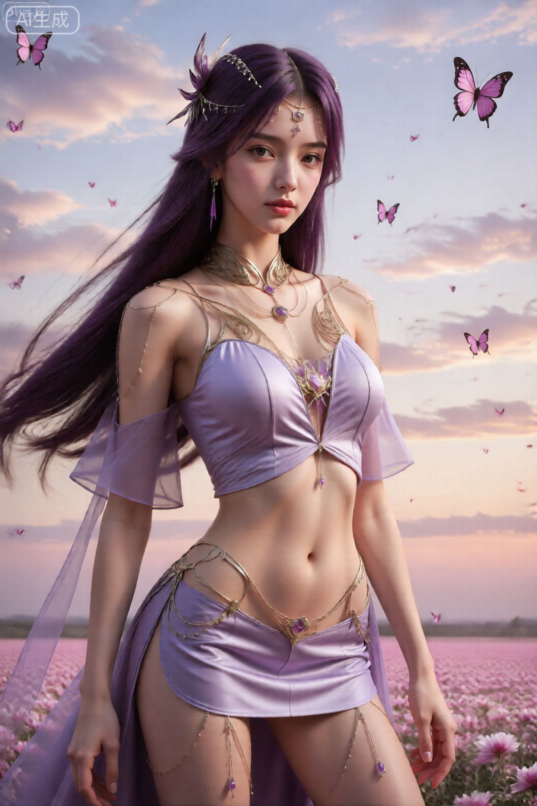 图像中的人物身材高大、修长,紫色的长发垂落在背上。她们穿着淡紫色缎子般的服装,包括带有透明飘逸袖子的短款上衣和高腰短裙。这件衣服装饰着复杂的金链和紫色宝石,包括挂在脖子上的一个显眼的吊坠以及绕在腰部和臀部的几条链子。人物姿势自信,双手放松于身体两侧。背景是一片风景如画的粉红色花朵田野,天空下有柔和的云彩,无数粉红色的蝴蝶散布在整个场景中。整体氛围空灵而异想天开,强调精致的细节和鲜艳的色彩。