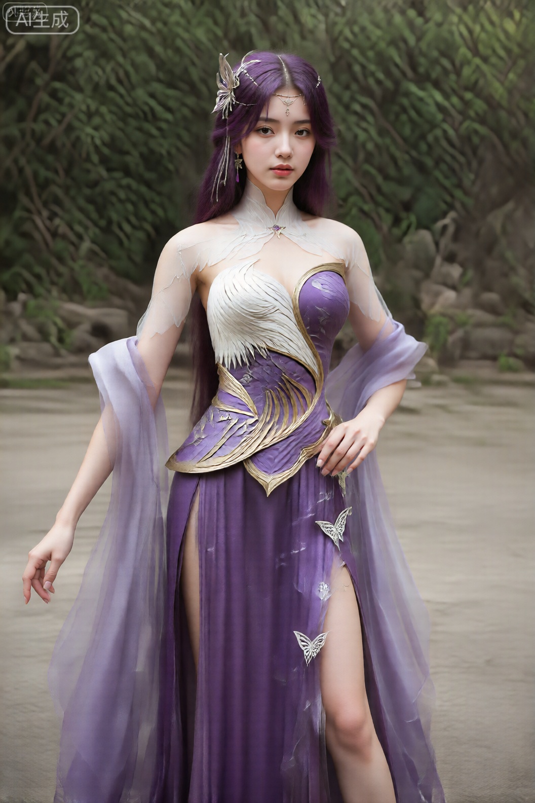   该人穿着精致的、幻想风格的服装,具有高领和合身的紧身胸衣。紧身胸衣主要是紫色,带有白色和金色的点缀,包括类似羽毛或翅膀的复杂设计。袖子透明飘逸,从肩膀一直延伸到手腕,并饰有类似的金色和紫色细节。服装的裙摆长长的,呈紫色,一侧开有高开衩,露出人的部分腿部。裙子上还附有几个白色的蝴蝶形状的装饰。这个人的头发是充满活力的紫色,他们戴着与服装的整体美感相匹配的装饰性头饰。背景暗示了一个有绿色植物和石头小路的户外环境。