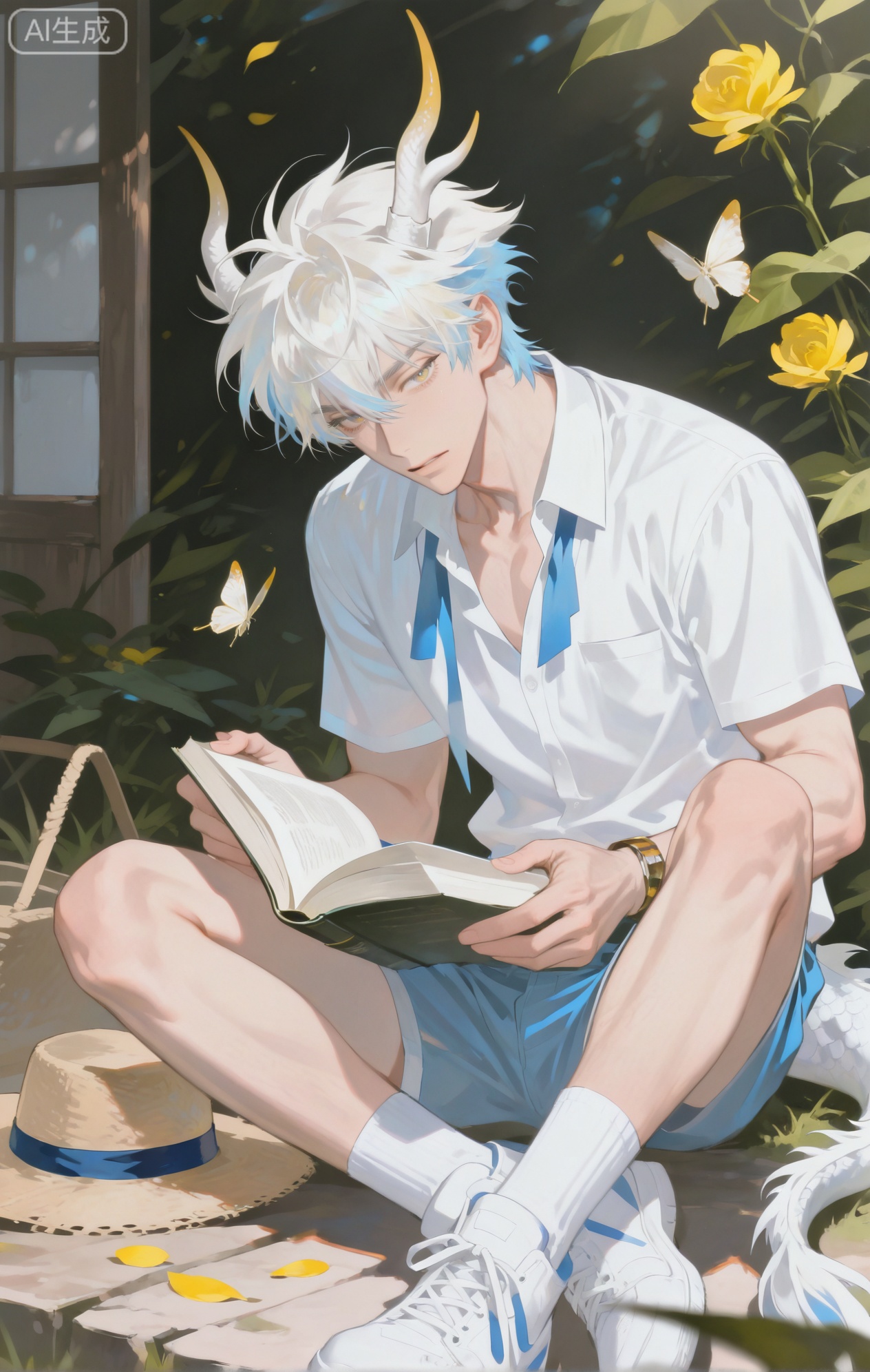 Small note art style,,xiaozhitiao,yu xuan,multicolored hair,White dragon tail,White dragon horns,yellow eyes,white hair,blonde hair,1boy,bangs


(artist:mazjojo:0.53), (artist:pigeon666:0.37), (artist:zawar379:0.57), 
(artist:remsrar:0.35), (artist:yoneyama mai:0.64), (yokoyari mengo:0.6), 
(colored pencil medium), (rei sanbonzakura), (flat color:1.2), 

masterpiece, best quality, highres, absurdres, extremely detailed, 
amazing quality, very aesthetic, ultra - detailed, 
scenery, depth of field, volumetric lighting, high definition, 
detailed eyes, detailed beautiful face and eyes, best aesthetic, 
good colors, bright skin, lots of details, 

1boy, male focus, youthful and innocent, rosy - cheeked skin, slight build, 
Anime style, (absorbed expression:1.3), (reading a book intently:1.2), (bright, inquisitive eyes), 

sitting in the middle of a vast field of sunflowers, 
the flowers towering around him, their golden petals swaying in the wind, 
(dynamic pose: sitting cross - legged, book in lap, sunlight filtering through the flowers), 

wearing a lemon - yellow short - sleeved cotton shirt, 
(light - blue denim shorts), 
(a pair of white ankle - high canvas shoes), 
(a straw hat with a blue ribbon on the ground beside him), 
(a small butterfly landing on the page of his book), 

intricate details, sunny and floral color palette, dappled lighting, cel - shading, 
anime key visual, ultra HD, 8k, Phainon