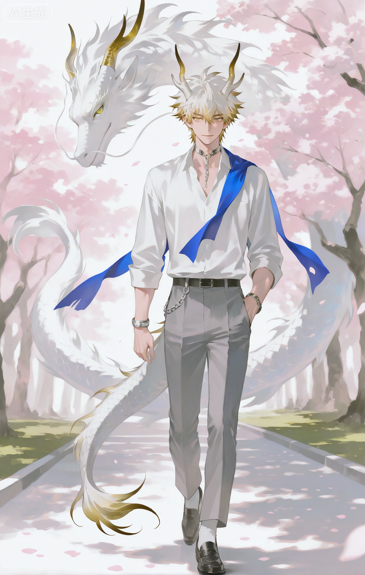 Small note art style,,xiaozhitiao,yu xuan,multicolored hair,White dragon tail,White dragon horns,yellow eyes,white hair,blonde hair,1boy,bangs


(artist:mazjojo:0.53), (artist:pigeon666:0.37), (artist:zawar379:0.57), 
(artist:remsrar:0.35), (artist:yoneyama mai:0.64), (yokoyari mengo:0.6), 
(colored pencil medium), (rei sanbonzakura), (flat color:1.2), 

masterpiece, best quality, highres, absurdres, extremely detailed, 
amazing quality, very aesthetic, ultra - detailed, 
scenery, depth of field, volumetric lighting, high definition, 
detailed eyes, detailed beautiful face and eyes, best aesthetic, 
good colors, bright skin, lots of details, 

1boy, male focus, young *****, porcelain - like skin, slender and graceful build, 
Anime style, (serene expression:1.3), (gentle smile:1.2), (soft, dreamy eyes), 

strolling through a park in early spring, where cherry blossoms are in full bloom, 
petals floating gently in the breeze, 
(dynamic pose: slowly walking, one hand in his pocket, the other reaching out to catch a petal), 

wearing a pastel - blue long - sleeved button - down shirt, tucked into cream - colored corduroy trousers, 
(a pair of white leather loafers), 
(a delicate silver chain around his neck), 
(a light - blue silk scarf loosely wrapped around his neck, fluttering in the wind), 

intricate details, soft and pastel color palette, soft focus, cel - shading, 
anime key visual, ultra HD, 8k, Phainon