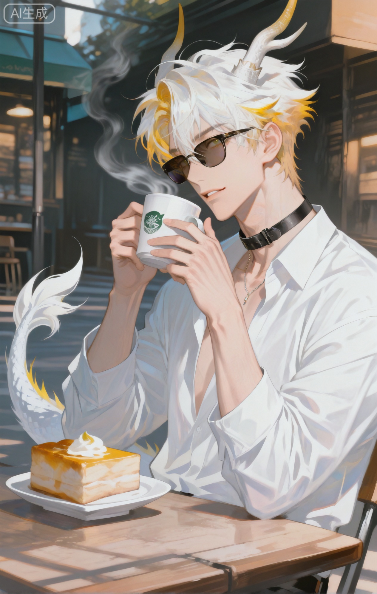 Small note art style,,xiaozhitiao,yu xuan,multicolored hair,White dragon tail,White dragon horns,yellow eyes,white hair,blonde hair,1boy,bangs


(artist:mazjojo:0.53), (artist:pigeon666:0.37), (artist:zawar379:0.57), 
(artist:remsrar:0.35), (artist:yoneyama mai:0.64), (yokoyari mengo:0.6), 
(colored pencil medium), (rei sanbonzakura), (flat color:1.2), 

masterpiece, best quality, highres, absurdres, extremely detailed, 
amazing quality, very aesthetic, ultra - detailed, 
scenery, depth of field, volumetric lighting, high definition, 
detailed eyes, detailed beautiful face and eyes, best aesthetic, 
good colors, bright skin, lots of details, 

1boy, male focus, laid - back look, smooth skin, medium build, 
Anime style, (relaxed expression:1.3), (sipping coffee with enjoyment:1.2), (content eyes), 

sitting at an outdoor table of a cozy coffee shop on a bustling street, 
(dynamic pose: leaning back in the chair, looking around), 

wearing a cream - colored linen shirt, open at the collar, 
(light - brown chinos), 
(a pair of white canvas sneakers), 
(a pair of sunglasses on the table), 
(a small plate with a half - eaten pastry beside his coffee cup), 

intricate details, warm color palette, sharp focus, cel - shading, 
anime key visual, ultra HD, 8k, Phainon