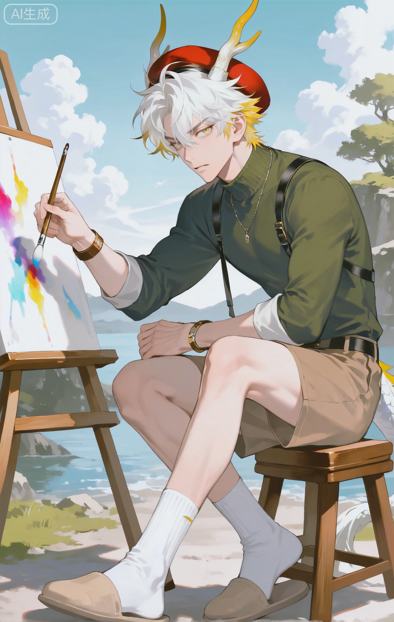 Small note art style,,xiaozhitiao,yu xuan,multicolored hair,White dragon tail,White dragon horns,yellow eyes,white hair,blonde hair,1boy,bangs


(artist:mazjojo:0.53), (artist:pigeon666:0.37), (artist:zawar379:0.57), 
(artist:remsrar:0.35), (artist:yoneyama mai:0.64), (yokoyari mengo:0.6), 
(colored pencil medium), (rei sanbonzakura), (flat color:1.2), 

masterpiece, best quality, highres, absurdres, extremely detailed, 
amazing quality, very aesthetic, ultra - detailed, 
scenery, depth of field, volumetric lighting, high definition, 
detailed eyes, detailed beautiful face and eyes, best aesthetic, 
good colors, bright skin, lots of details, 

1boy, male focus, with an artistic air, fair and luminous skin, lean build, 
Anime style, (focused expression:1.3), (concentrating on his painting:1.2), (intense, creative eyes), 

sitting on a small stool by a peaceful riverside, 
the water reflecting the clear blue sky and fluffy clouds, 
(dynamic pose: bent over an easel, brush in hand, adding the final touches to his watercolor), 

wearing a white linen smock over a light - green turtleneck sweater, 
(brown corduroy knee - length shorts), 
(a pair of white ankle socks and brown suede slippers), 
(a beret on his head, tilted slightly), 
(a palette with a variety of soft - colored paints in his hand), 

intricate details, harmonious color palette, diffused lighting, cel - shading, 
anime key visual, ultra HD, 8k, Phainon