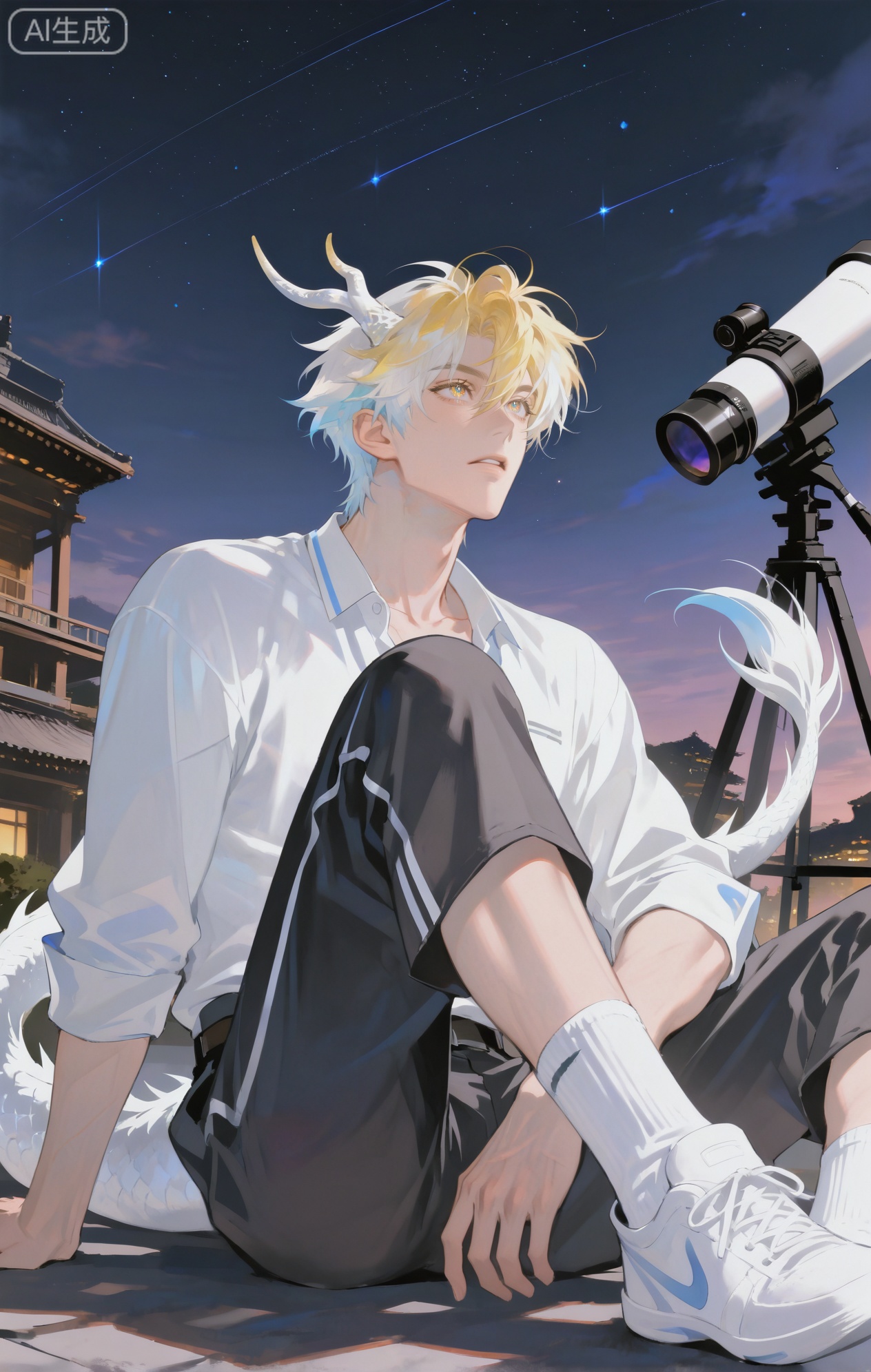 Small note art style,,xiaozhitiao,yu xuan,multicolored hair,White dragon tail,White dragon horns,yellow eyes,white hair,blonde hair,1boy,bangs


(artist:mazjojo:0.53), (artist:pigeon666:0.37), (artist:zawar379:0.57), 
(artist:remsrar:0.35), (artist:yoneyama mai:0.64), (yokoyari mengo:0.6), 
(colored pencil medium), (rei sanbonzakura), (flat color:1.2), 

masterpiece, best quality, highres, absurdres, extremely detailed, 
amazing quality, very aesthetic, ultra - detailed, 
scenery, depth of field, volumetric lighting, high definition, 
detailed eyes, detailed beautiful face and eyes, best aesthetic, 
good colors, bright skin, lots of details, 

1boy, male focus, young and dreamy, ivory - toned skin, lithe build, 
Anime style, (awed expression:1.3), (looking up at the star - filled sky in wonder:1.2), (sparkling eyes), 

lying on a rooftop under a clear night sky, 
thousands of stars twinkling like diamonds, a faint glow of the moon in the distance, 
(dynamic pose: reclining on his elbows, legs crossed), 

wearing a midnight - blue long - sleeved thermal shirt, 
(black jogger pants with white stripes), 
(a pair of thick white socks), 
(a soft, knitted blanket partially covering his legs), 
(a telescope beside him, pointed towards the sky), 

intricate details, dark and star - lit color palette, soft glow lighting, cel - shading, 
anime key visual, ultra HD, 8k, Phainon
