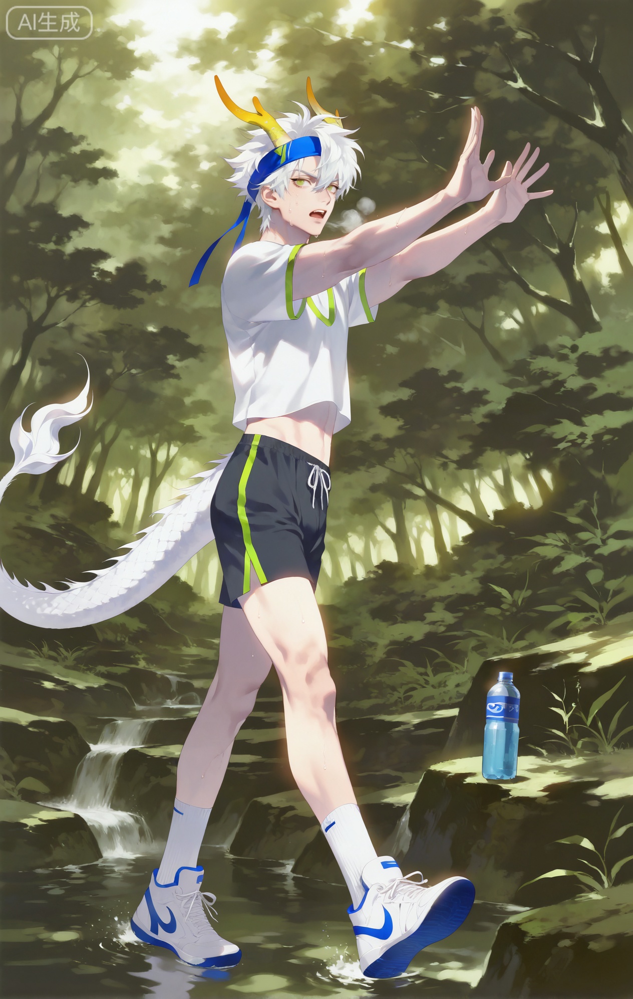 Small note art style,,xiaozhitiao,yu xuan,multicolored hair,White dragon tail,White dragon horns,yellow eyes,white hair,blonde hair,1boy,bangs


(artist:mazjojo:0.53), (artist:pigeon666:0.37), (artist:zawar379:0.57),(artist:remsrar:0.35), (artist:yoneyama mai:0.64), (yokoyari mengo:0.6),(colored pencil medium), (rei sanbonzakura), (flat color:1.2),
masterpiece, best quality, highres, absurdres, extremely detailed,amazing quality, very aesthetic, ultra - detailed,scenery, depth of field, volumetric lighting, high definition,detailed eyes, detailed beautiful face and eyes, best aesthetic,good colors, bright skin, lots of details,
1boy, male focus, energetic and vibrant, healthy - looking, flushed skin, well - defined build,Anime style, (enthusiastic expression:1.3), (mid - stretch, breathing in the fresh air:1.2), (lively eyes),
in a dense forest filled with ancient trees, sunlight filtering through the leaves in shafts,birds chirping in the background, a small stream trickling nearby,(dynamic pose: one leg forward, arms reaching up towards the sky),
wearing a bright - green, form - fitting athletic shirt, black running shorts with a neon - green stripe,(white sports socks),(a pair of high - performance, neon - accented running shoes),(a sweat - absorbing headband on his forehead),(a small water bottle clipped to his shorts),
intricate details, earthy - green and neon - pop color palette, dappled sunlight lighting, cel - shading,anime key visual, ultra HD, 8k, Phainon
