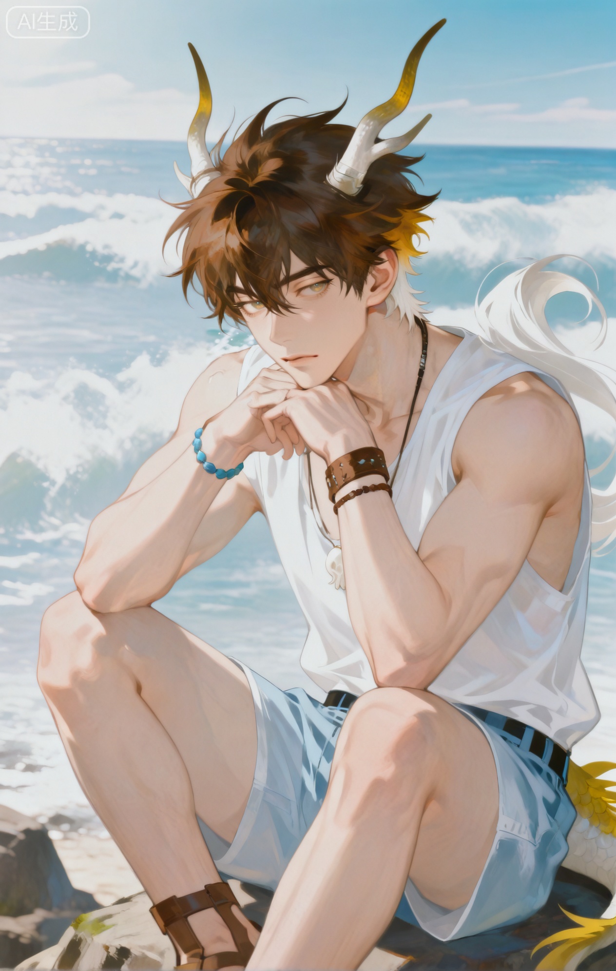 Small note art style,,xiaozhitiao,yu xuan,multicolored hair,White dragon tail,White dragon horns,yellow eyes,white hair,blonde hair,1boy,bangs


(artist:mazjojo:0.53), (artist:pigeon666:0.37), (artist:zawar379:0.57),(artist:remsrar:0.35), (artist:yoneyama mai:0.64), (yokoyari mengo:0.6),(colored pencil medium), (rei sanbonzakura), (flat color:1.2),
masterpiece, best quality, highres, absurdres, extremely detailed,amazing quality, very aesthetic, ultra - detailed,scenery, depth of field, volumetric lighting, high definition,detailed eyes, detailed beautiful face and eyes, best aesthetic,good colors, bright skin, lots of details,
1boy, male focus, introspective look, smooth, sun - kissed skin, athletic yet lean build,Anime style, (contemplative expression:1.3), (gazing out at the ocean:1.2), (thought - filled eyes),
sitting on a large, weather - worn rock by the seashore,the ocean stretching out to the horizon, waves gently lapping at the rock,(dynamic pose: sitting with legs crossed, elbows on knees, chin in hands),
wearing a light - gray, loose - fitting linen shirt, half - tucked into faded blue denim shorts,(a pair of simple, brown leather sandals),(a thin, braided leather bracelet on one wrist),(a seashell - adorned necklace around his neck),(a gentle breeze tousling his sandy - brown hair),
intricate details, soft - blue and sandy - beige color palette, warm, golden hour lighting, cel - shading,anime key visual, ultra HD, 8k, Phainon