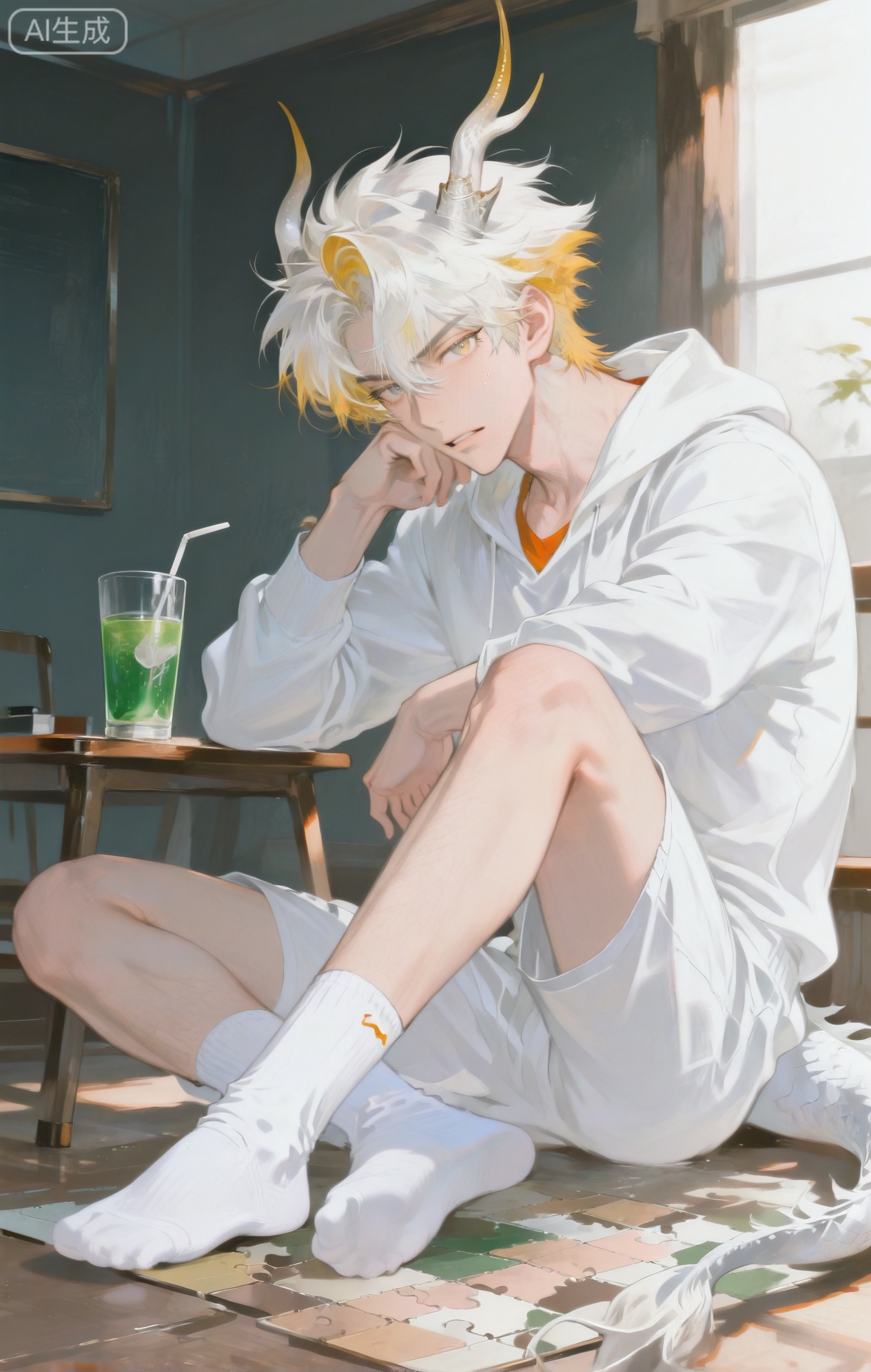 Small note art style,,xiaozhitiao,yu xuan,multicolored hair,White dragon tail,White dragon horns,yellow eyes,white hair,blonde hair,1boy,bangs



(artist:mazjojo:0.53),(artist:pigeon666:0.37),(artist:zawar379:0.57),(artist:remsrar:0.35),(artist:yoneyama mai:0.64),(yokoyari mengo:0.6),(colored pencil medium),(rei sanbonzakura),(flat color:1.2),masterpiece,best quality,highres,absurdres,extremely detailed,amazing quality,very aesthetic,ultra - detailed,scenery,depth of field,volumetric lighting,high definition,detailed eyes,detailed beautiful face and eyes,best aesthetic,good colors,bright skin,lots of details,1boy,male focus,focused look,rosy - cheeked skin,slight build,Anime style,(determined expression:1.3),(working on a jigsaw puzzle:1.2),(intense eyes),sitting on the floor of his bedroom, surrounded by a half - completed jigsaw puzzle on a large mat,(dynamic pose:hunched over, picking up a puzzle piece),wearing a pastel - colored, animal - printed pajama onesie with a hood (bear - themed),(white ankle socks),(a small table with a drink nearby),intricate details,animal print details,soft room lighting,cel - shading,anime key visual,ultra HD,8k,Phainon