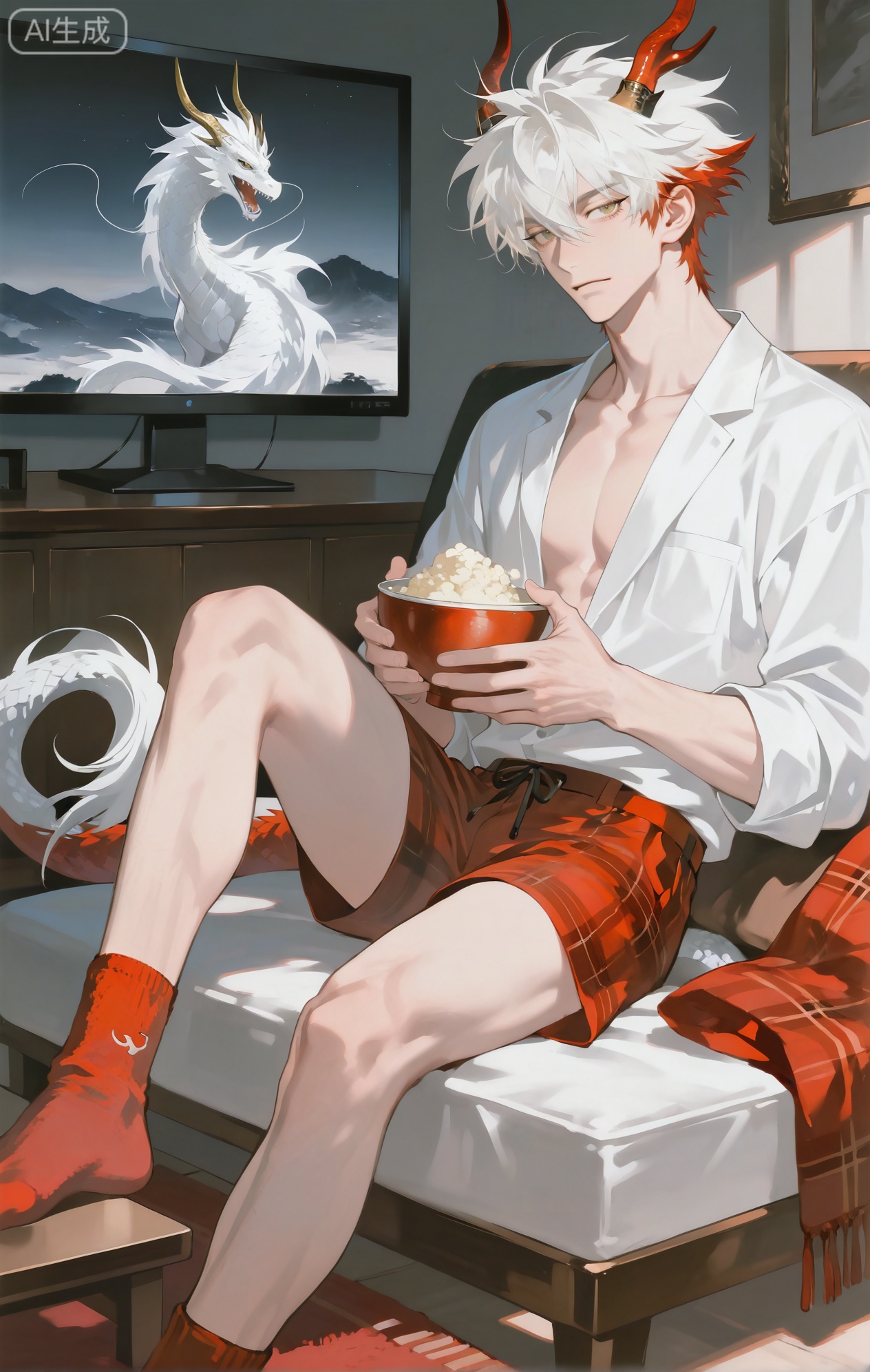 Small note art style,,xiaozhitiao,yu xuan,multicolored hair,White dragon tail,White dragon horns,yellow eyes,white hair,blonde hair,1boy,bangs


(artist:mazjojo:0.53),(artist:pigeon666:0.37),(artist:zawar379:0.57),(artist:remsrar:0.35),(artist:yoneyama mai:0.64),(yokoyari mengo:0.6),(colored pencil medium),(rei sanbonzakura),(flat color:1.2),masterpiece,best quality,highres,absurdres,extremely detailed,amazing quality,very aesthetic,ultra - detailed,scenery,depth of field,volumetric lighting,high definition,detailed eyes,detailed beautiful face and eyes,best aesthetic,good colors,bright skin,lots of details,1boy,male focus,relaxed appearance,healthy - looking skin,medium build,Anime style,(content expression:1.3),(watching a movie intently:1.2),(engaged eyes),lounging on a large, comfortable sofa in the living room,with a TV screen showing an exciting scene,(dynamic pose:slouched with a bowl of popcorn on his lap),wearing a black and red plaid flannel pajama set,(red fuzzy socks),(a blanket thrown over his legs),intricate details,plaid pattern details,soft room lighting,cel - shading,anime key visual,ultra HD,8k,Phainon